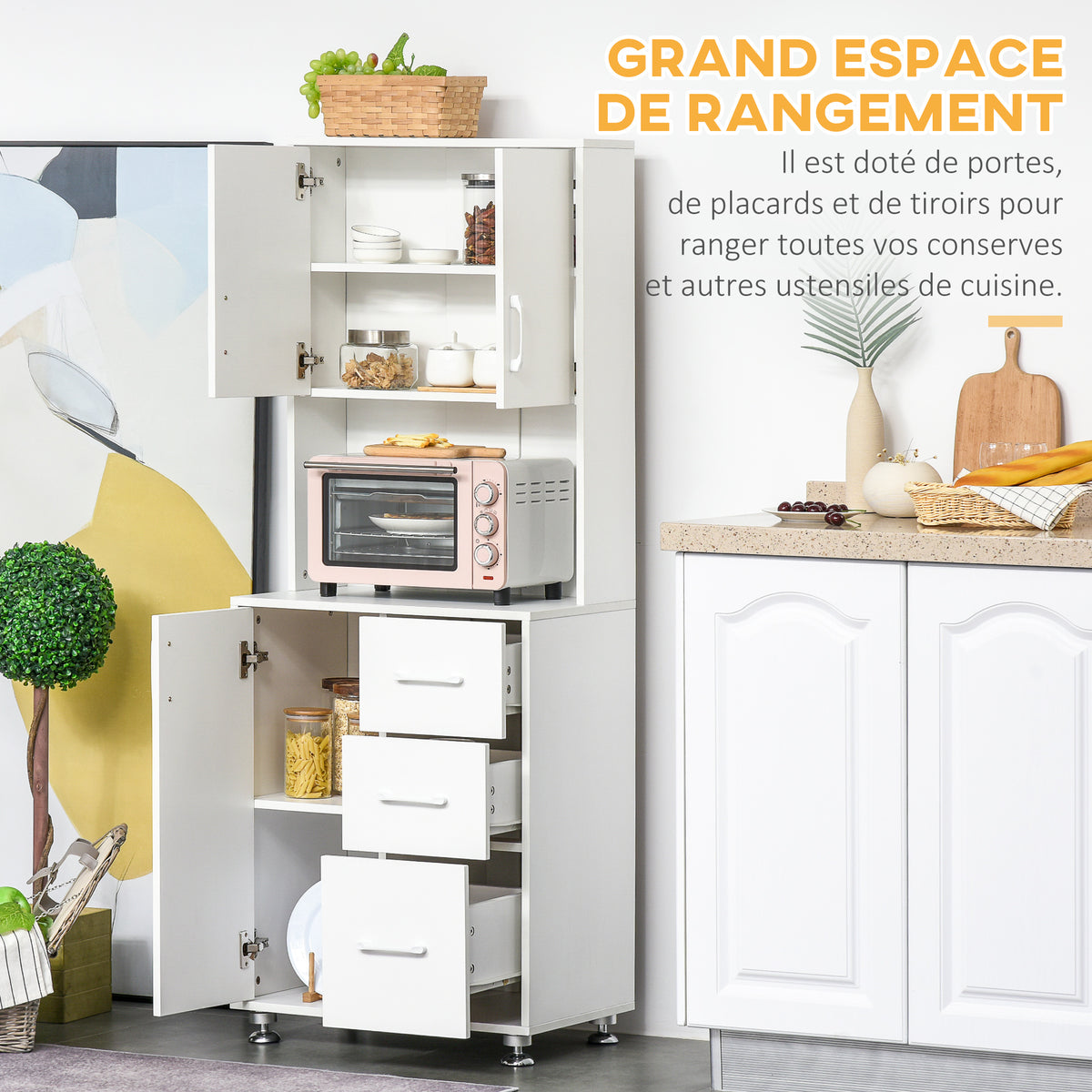 Buffet haut cuisine, armoire de cuisine avec 3 portes, 3 tiroirs et plan de travail, 60 x 40 x 160 cm, blanc-3