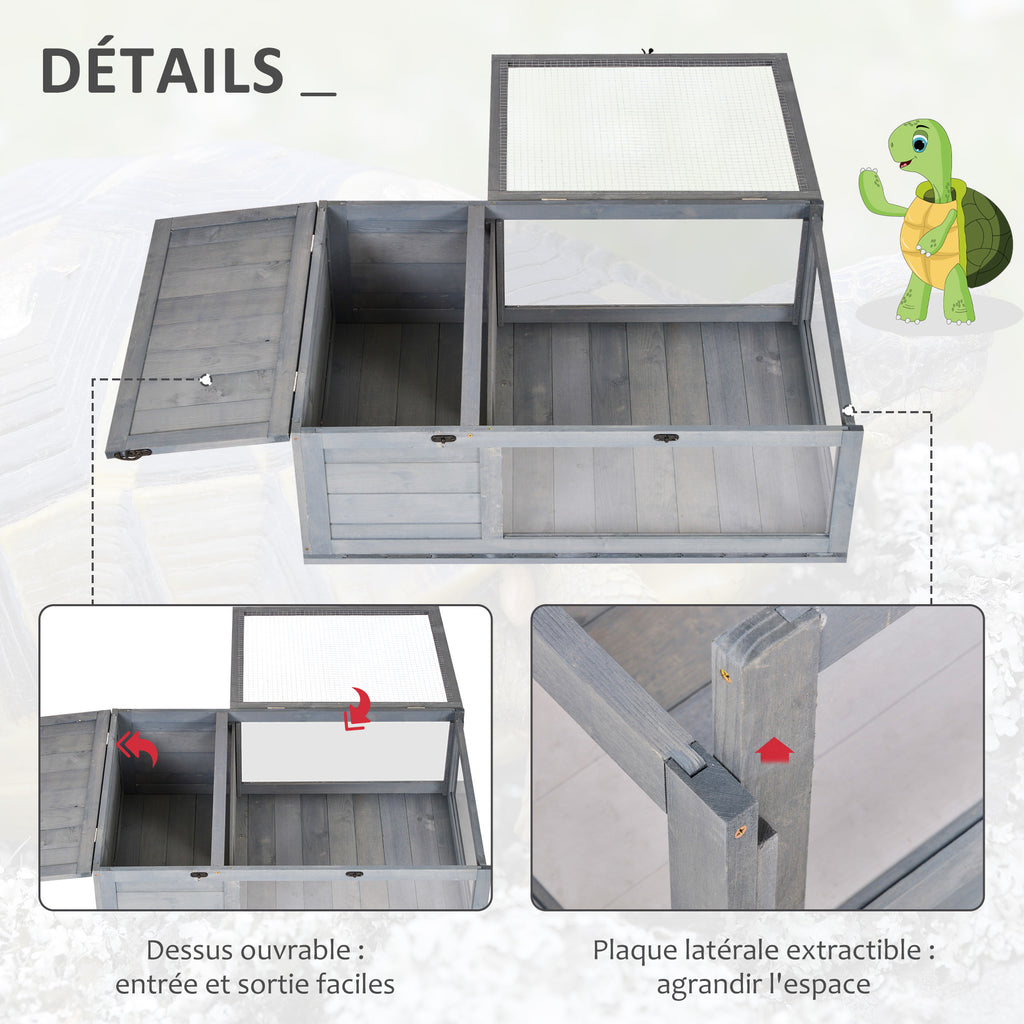 Maison enclos cage habitat pour petit animal tortues avec 2 espaces 91 x 60,5 x 32 cm bois massif gris-4