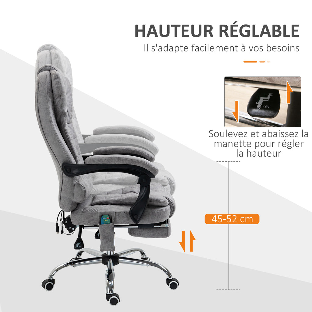 Fauteuil de bureau direction massant chauffant hauteur réglable dossier inclinable toile de microfibre gris-5