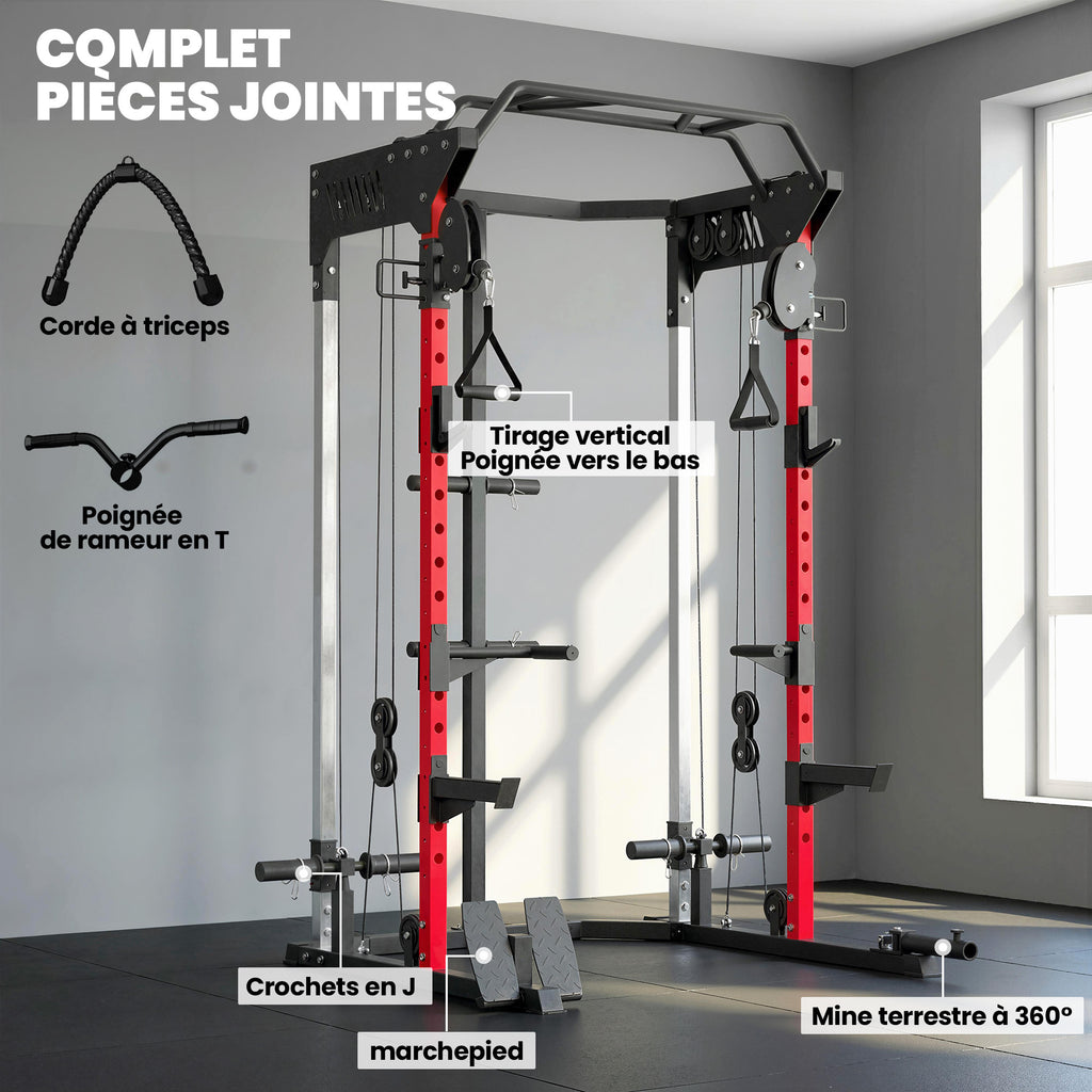 Station de Musculation Power Rack 900kg Double Poulie Réglable 19 Niveaux Home Gym Complet pour Entraînement Force Noir-5