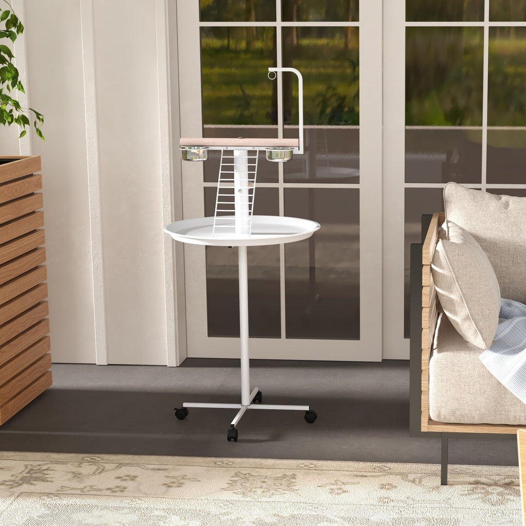 Mangeoire à oiseaux sur pied avec 4 roulettes perchoir 2 bols amovibles plateau rond acier inoxydable Ø 60 x 138H cm blanc-7