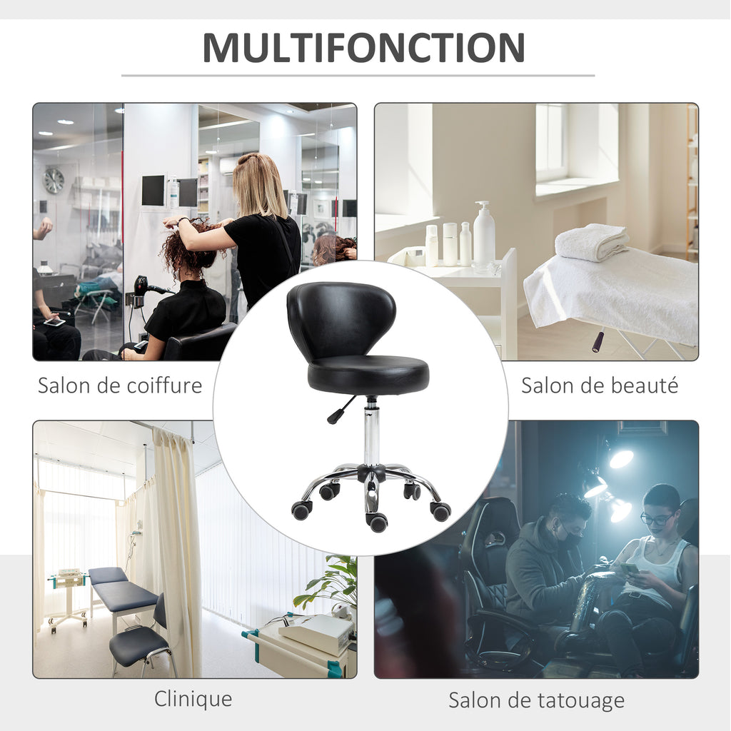 Tabouret à roulettes, tabouret de massage en PU avec hauteur réglable 73-88cm et dossier, chaise de travail pivotant 360°, cadre en acier, pour salon de massage, tatouage, clinique, spa, noir-6