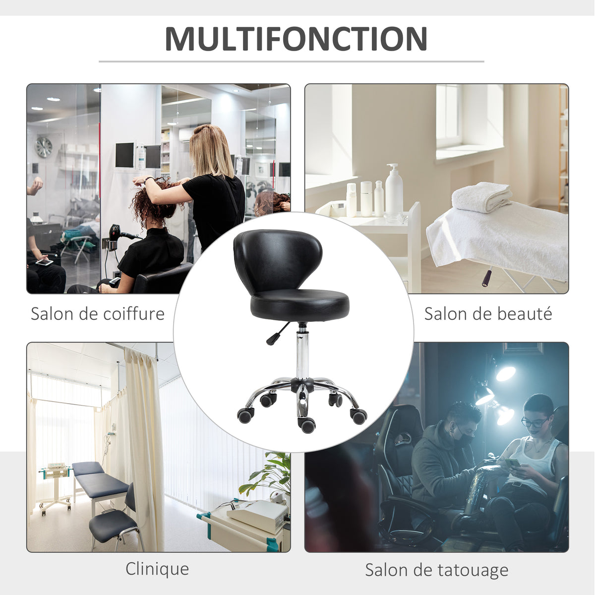 Tabouret à roulettes, tabouret de massage en PU avec hauteur réglable 73-88cm et dossier, chaise de travail pivotant 360°, cadre en acier, pour salon de massage, tatouage, clinique, spa, noir-6