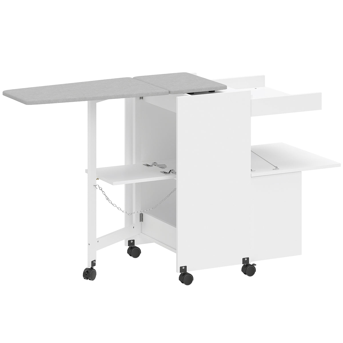Meuble à repasser, table à repasser pliante sur roulettes avec portes par pression, charnières à fermeture douce, blanc-0