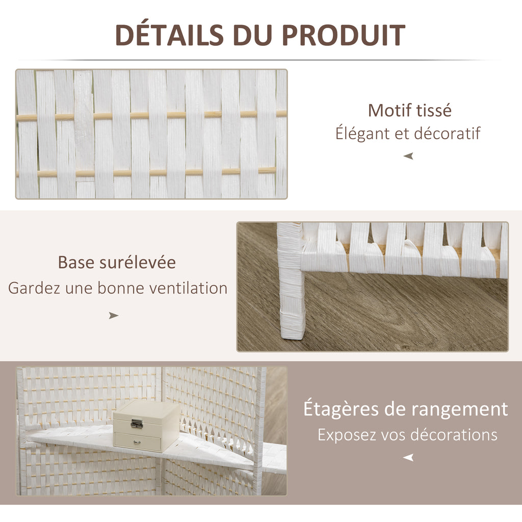 Séparateur de pièces 4 panneaux 2 étagères pliables blanc paille-5