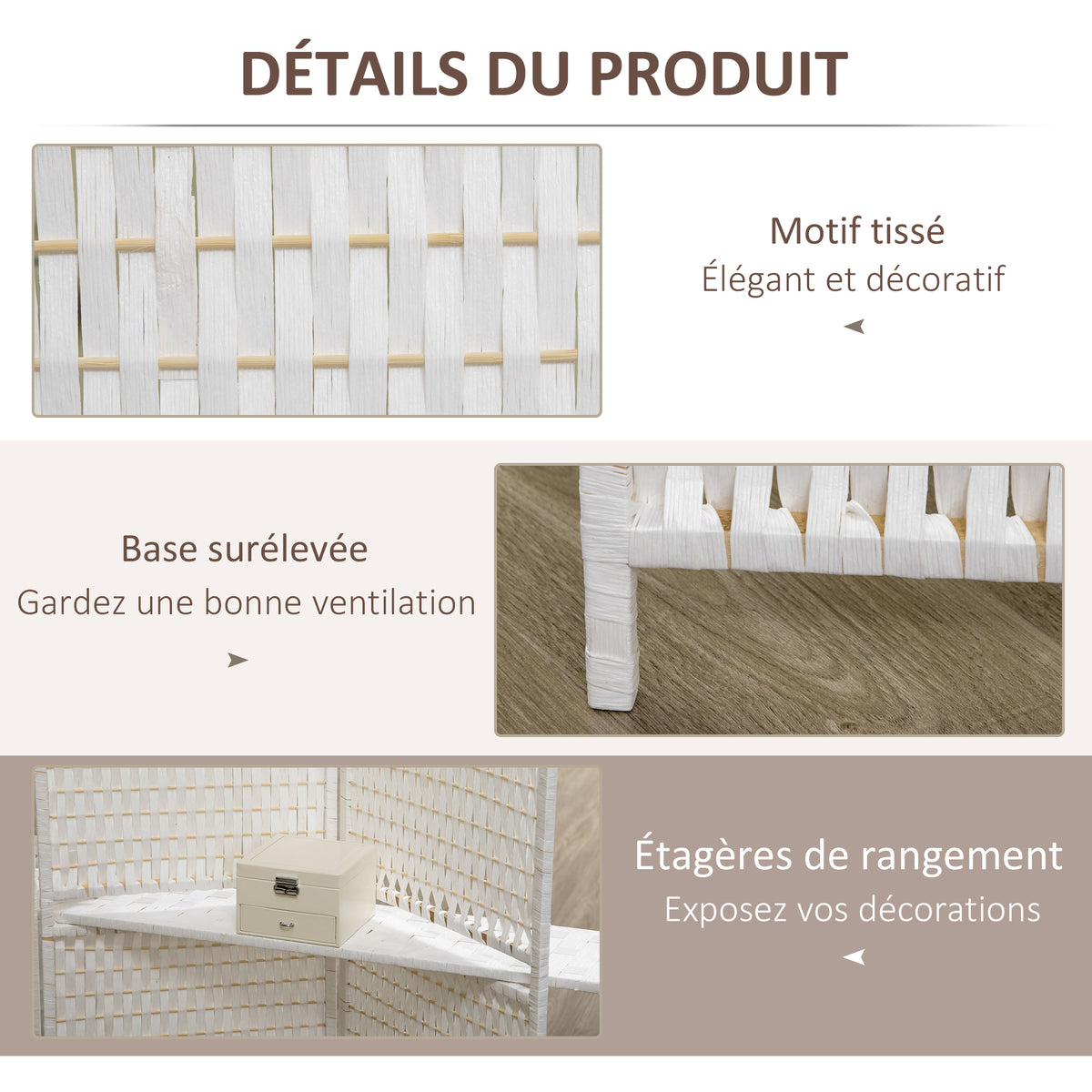 Séparateur de pièces 4 panneaux 2 étagères pliables blanc paille-5