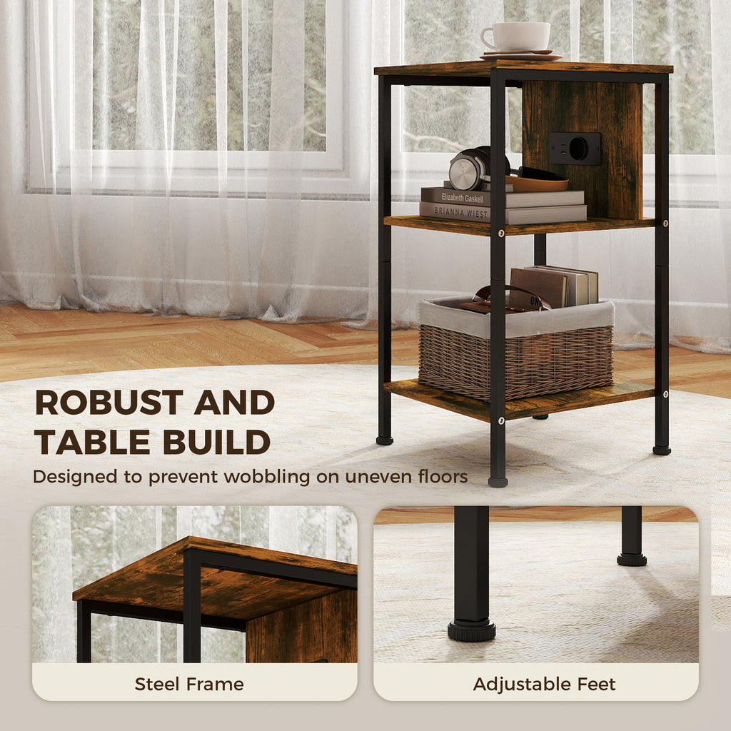 Table d'appoint avec station de charge, bout de canapé étroit avec 2 étagères ouvertes, style industriel, brun rustique-7