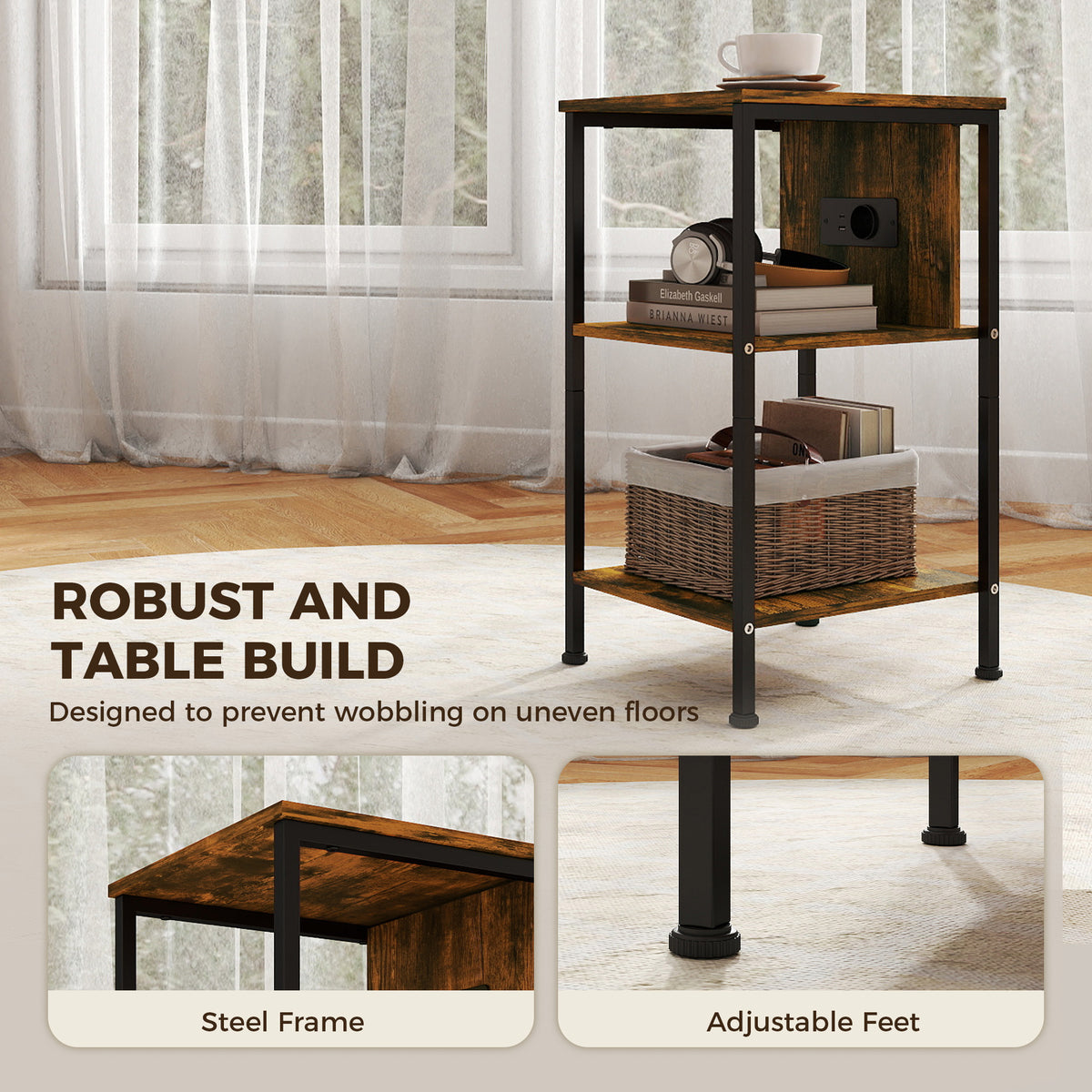 Table d'appoint avec station de charge, bout de canapé étroit avec 2 étagères ouvertes, style industriel, brun rustique-7