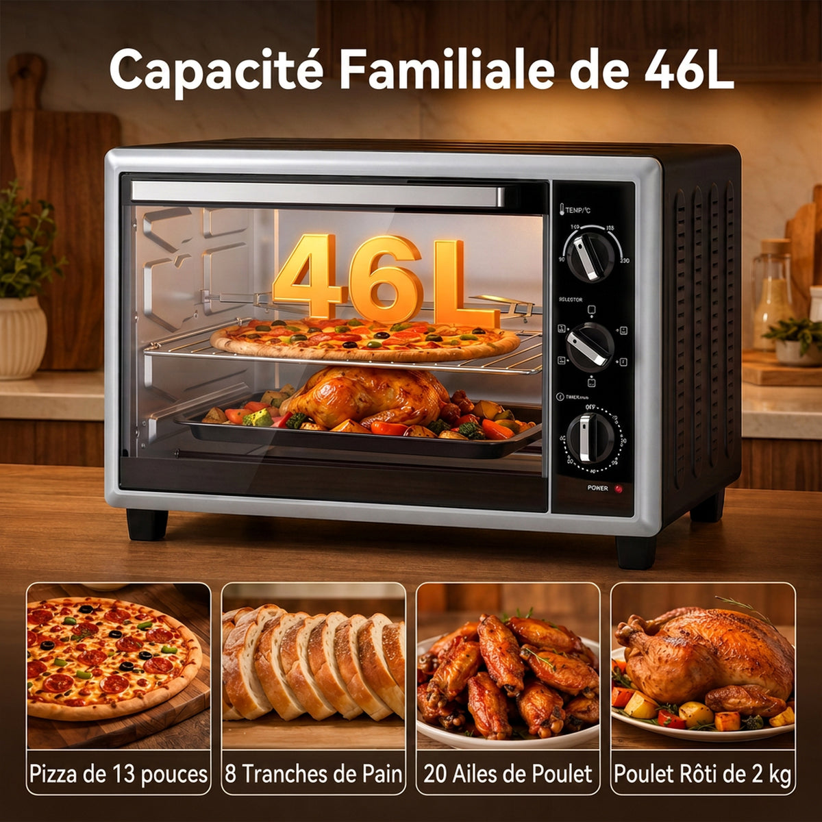 Mini-Four Électrique avec Broche Rotative 46L 1800W, Four à Convection Multifonction, Chaleur Tournante, Minuterie, Noir-4