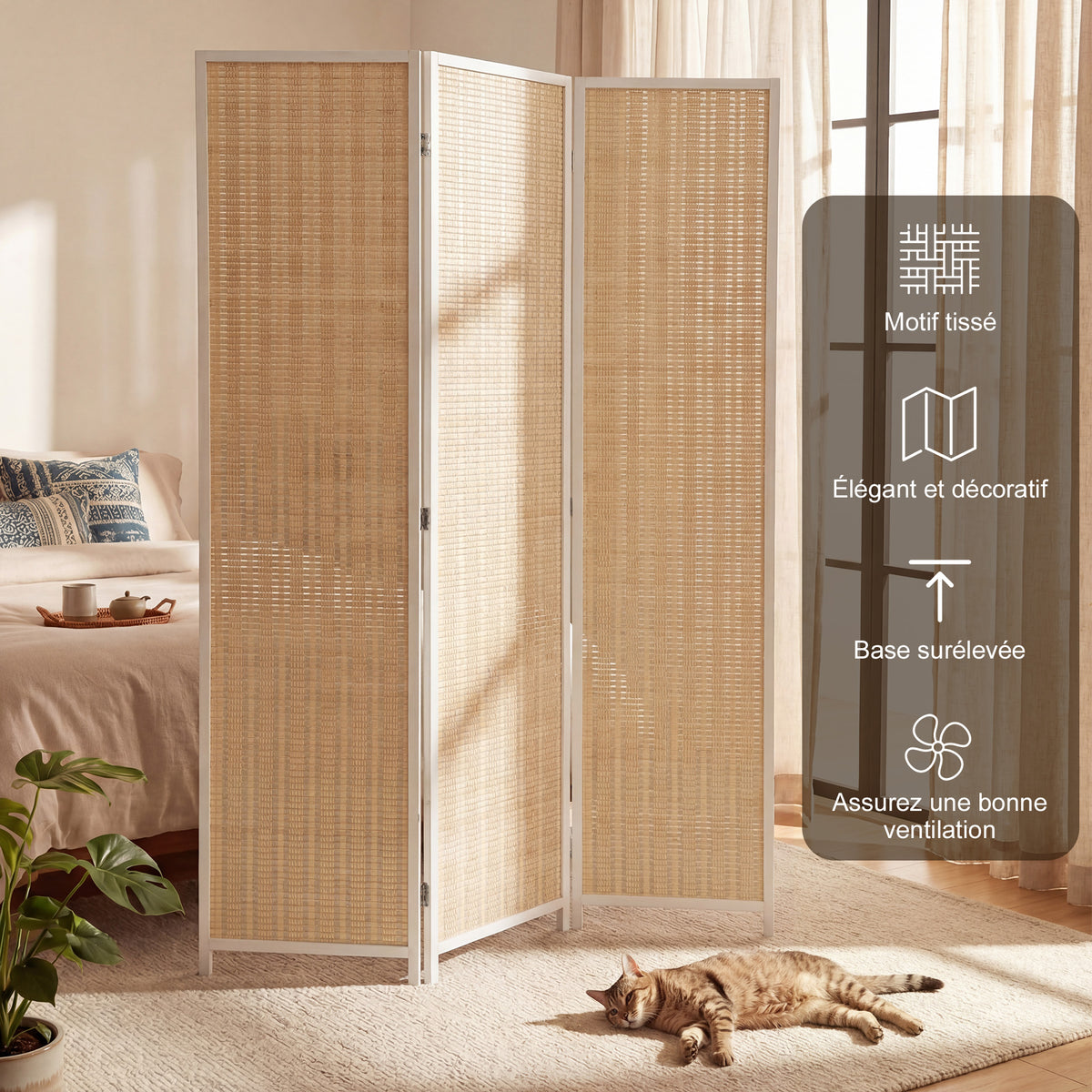 Paravent en bois séparateur de pièce closion de séparation pliable 3 panneaux 135 x 180 cm blanc-3