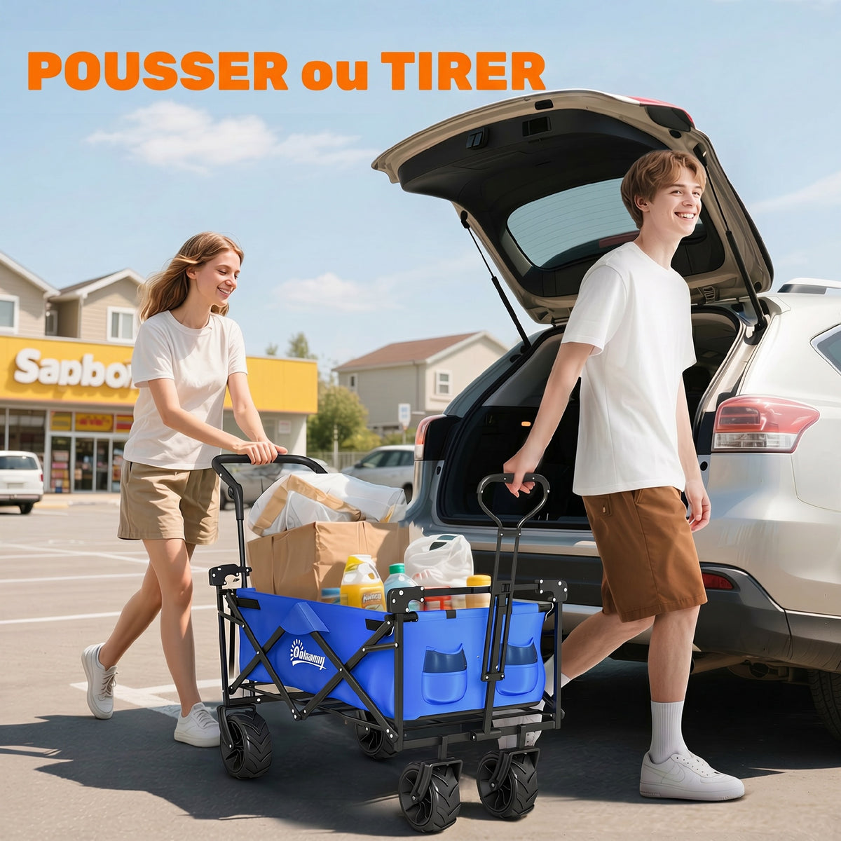 Chariot de Transport Pliable Tout Terrain 180 L, Poignée Télescopique Pousser-Tirer 2 en 1, Auvent Amovible, Bleu-4