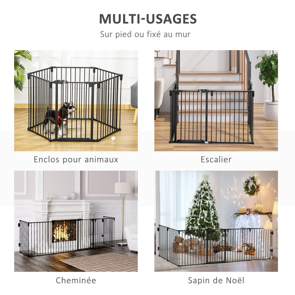 Barrière de sécurité barrière de protection cheminée parc enclos chien pliable modulable 6 panneaux avec porte sans perçage 362,5 x 76 cm noir-3