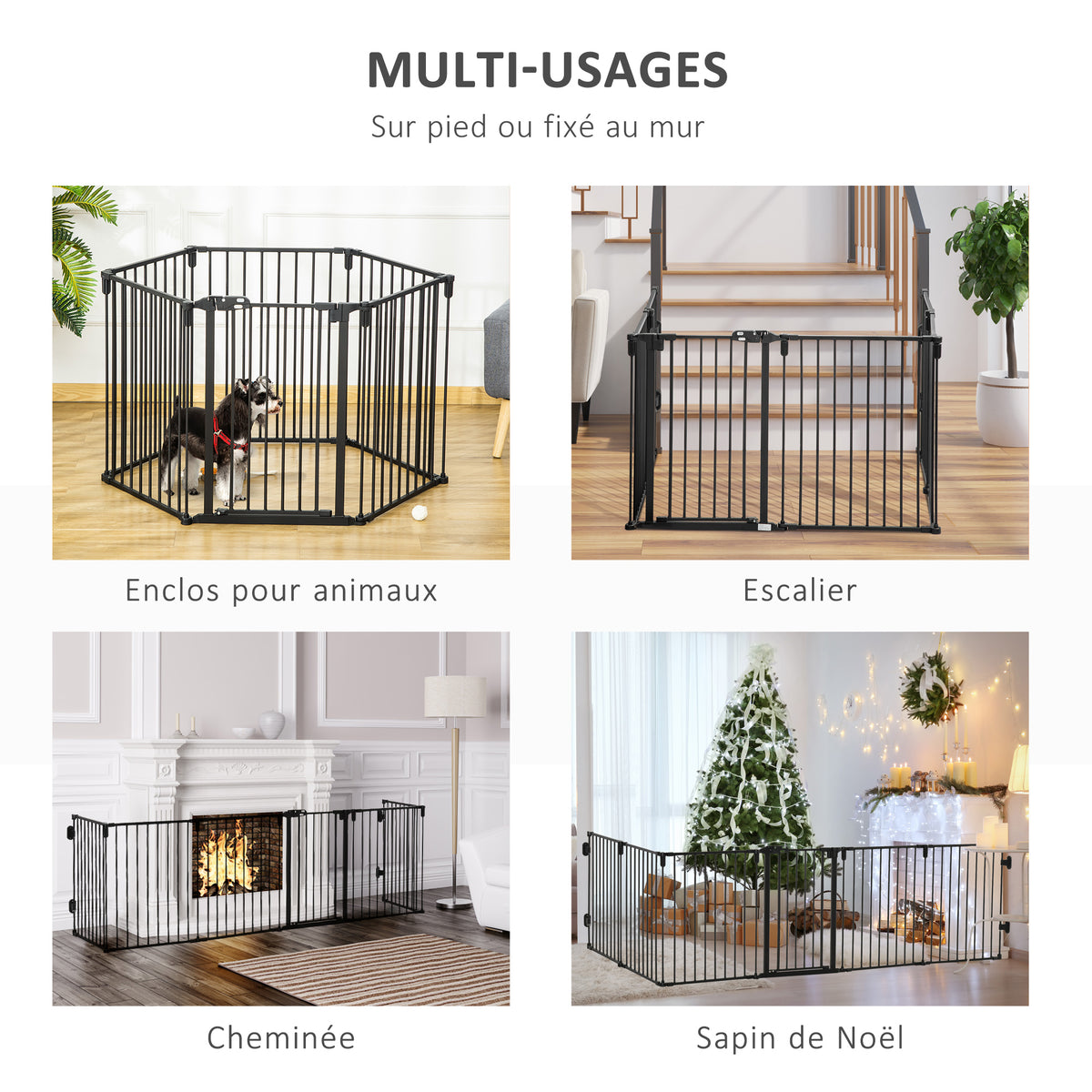 Barrière de sécurité barrière de protection cheminée parc enclos chien pliable modulable 6 panneaux avec porte sans perçage 362,5 x 76 cm noir-3