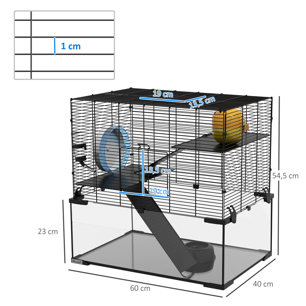 Cage hamster cage rongeur 3 niveaux avec roue rampes maisonnette abreuvoir mangeoire 60L x 40l x 54,5H cm noir-2