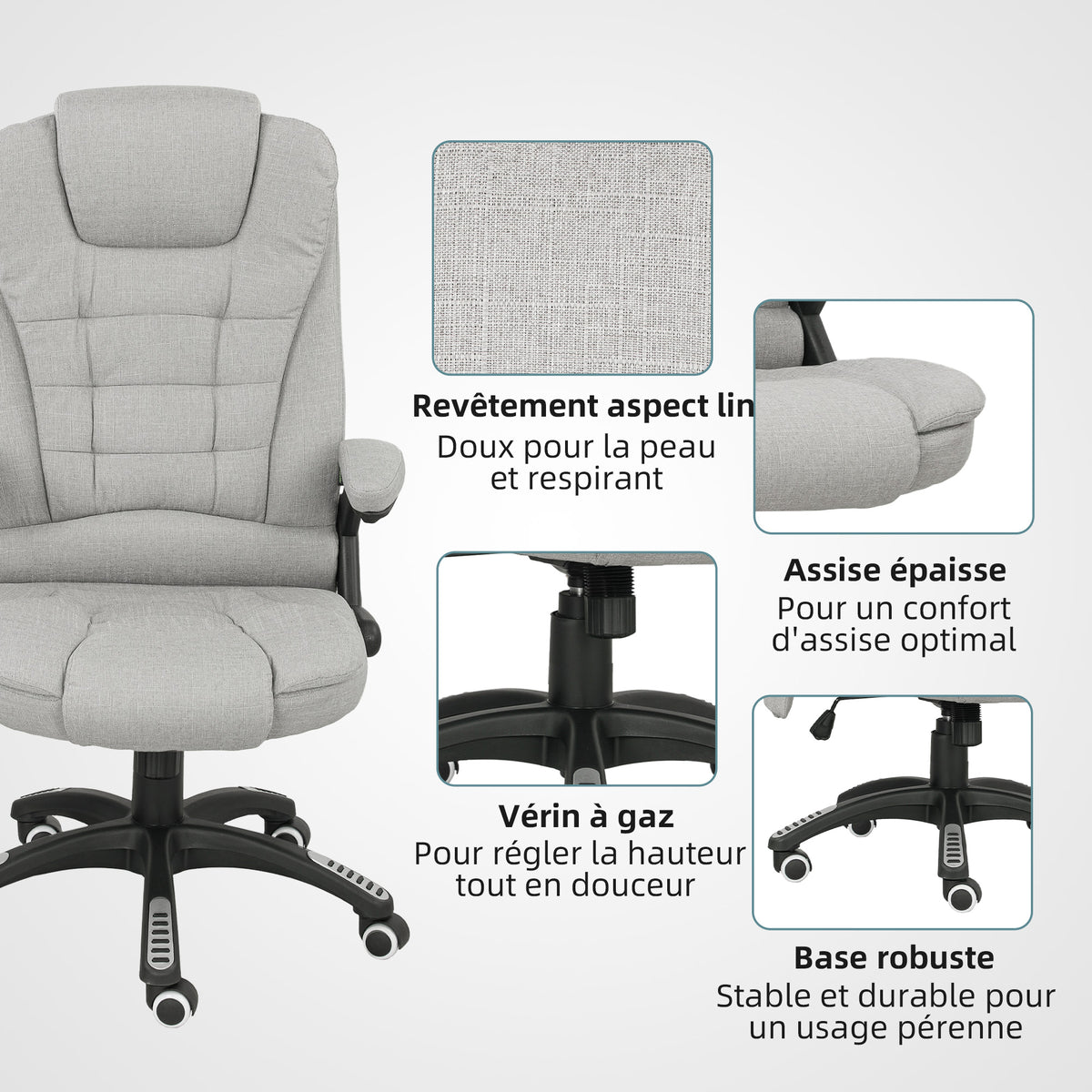 Fauteuil de bureau massant et chauffant chaise de bureau avec hauteur réglable dossier inclinable et télécommande gris-8