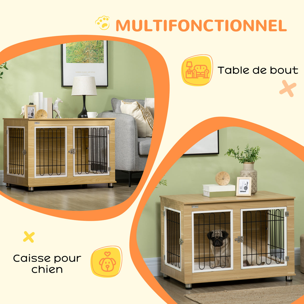 Cage pour chien animaux cage de chien sur pied avec coussin amovible acier aspect bois 90 x 58 x 65 cm-4