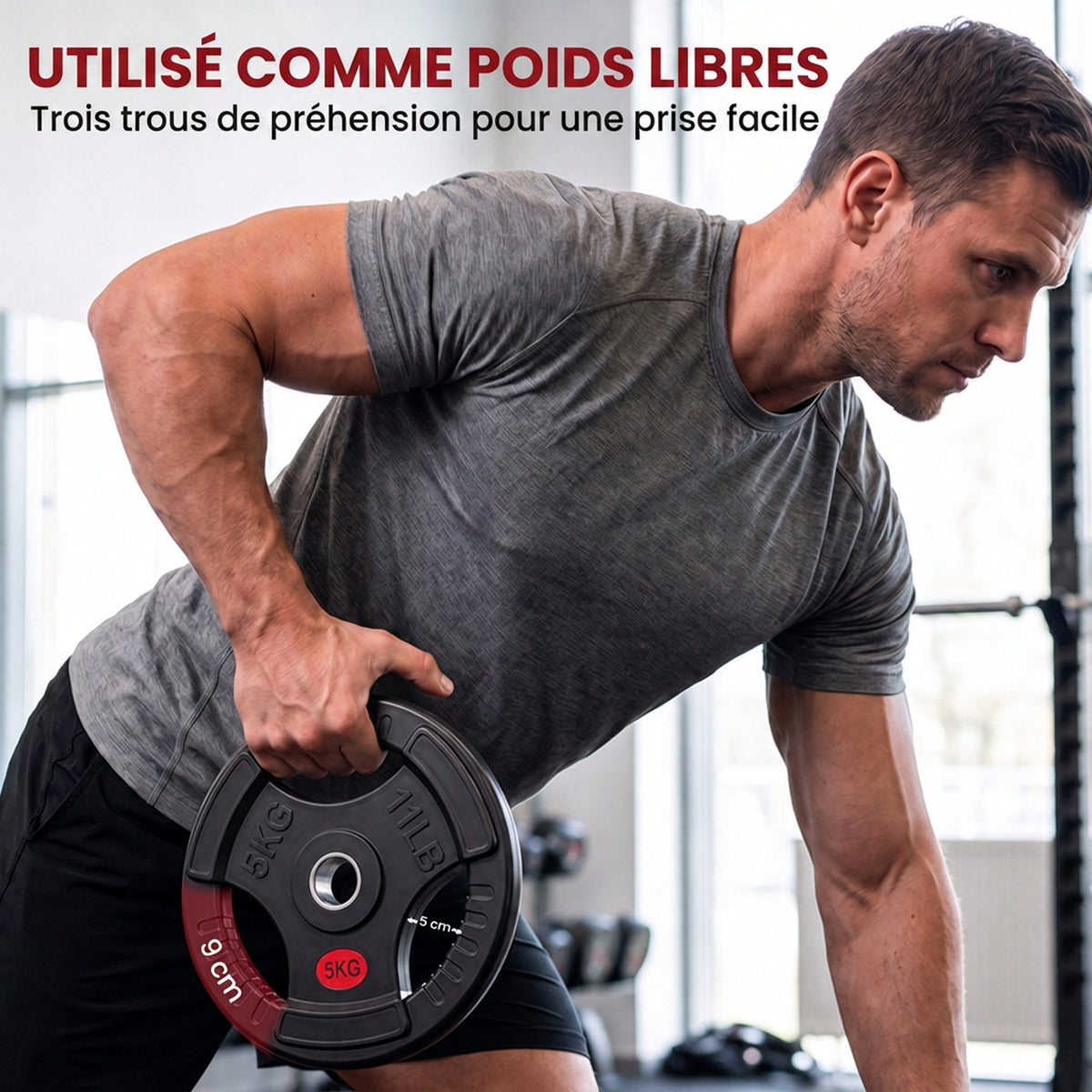 Disques de Poids en Acier 10 kg, Finition PVC, Plaques de Poids 2 x 5 kg, 3 Poignées, Trous de Ø 50 mm, Noir-3