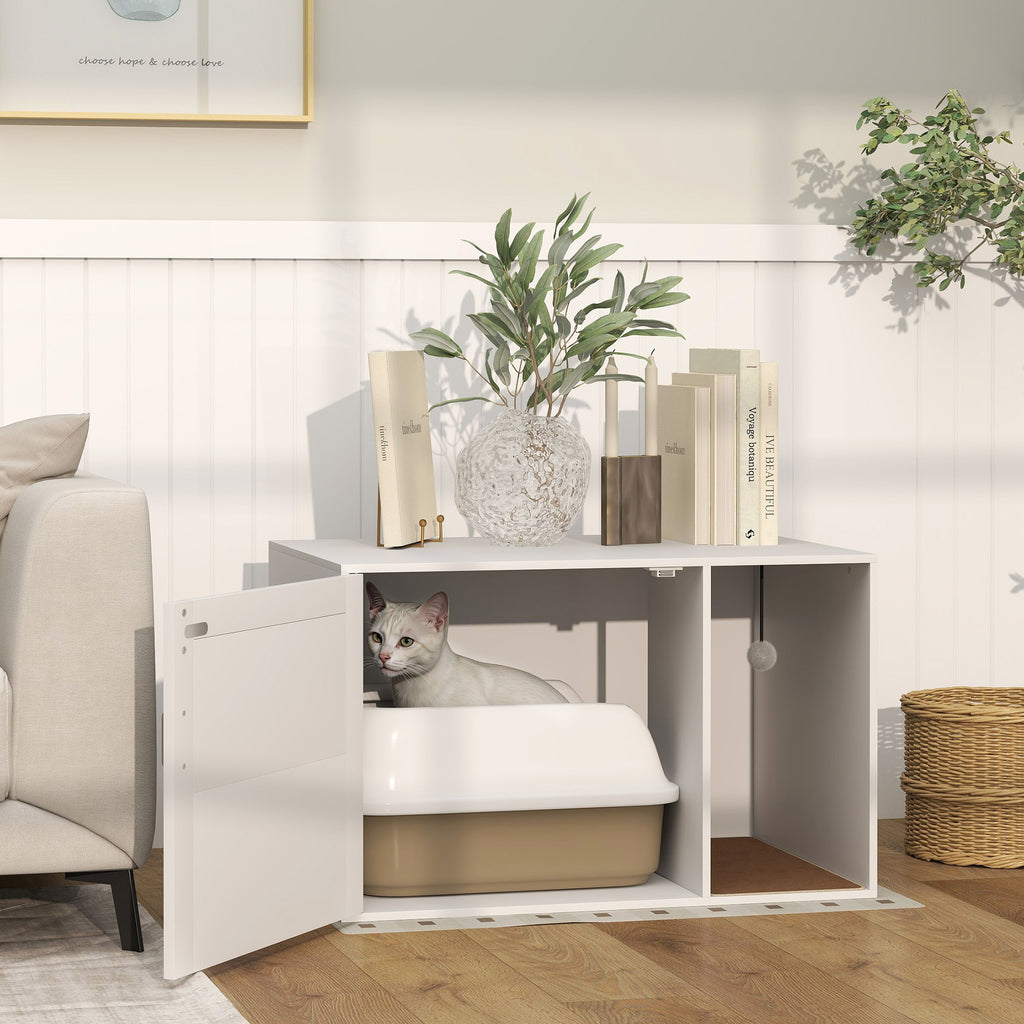Maison de toilette chat meuble litière pour chat tapis griffoir porte avec poignées style bohème 80 x 50 x 50 cm blanc-1