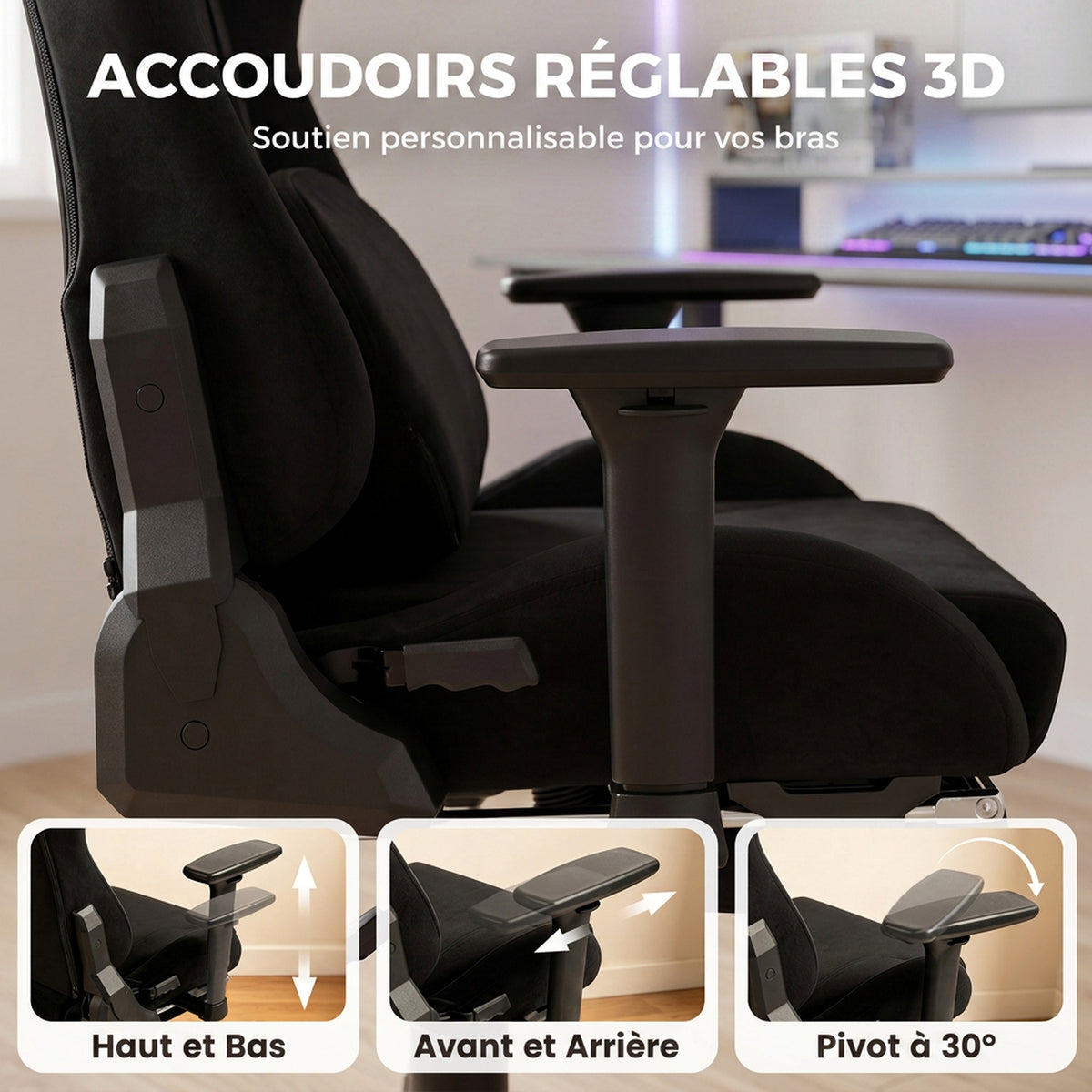 Chaise Gaming Ergonomique Massante et Coussin Lombaire Chauffant, Fauteuil Gaming Inclinable en Lin, Accoudoirs 3D, Noir-4