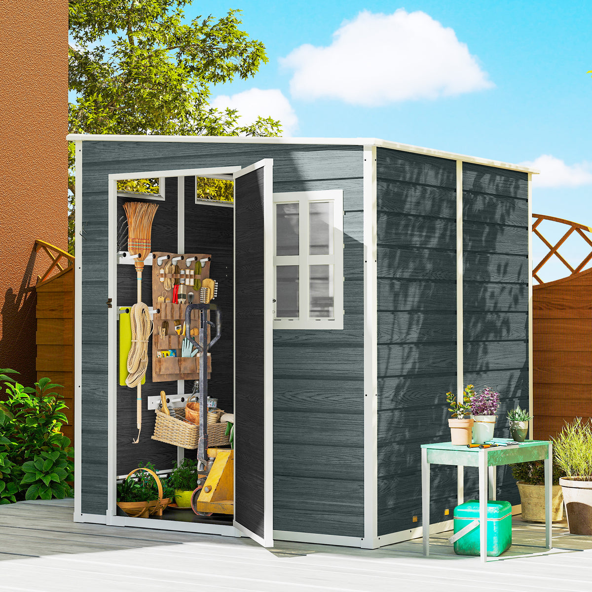 Abri de Jardin Cabanon de Stockage Plancher Structure Aluminium 3 Fenêtres 2 Aérations 182x182x183cm Gris Effet Bois-1