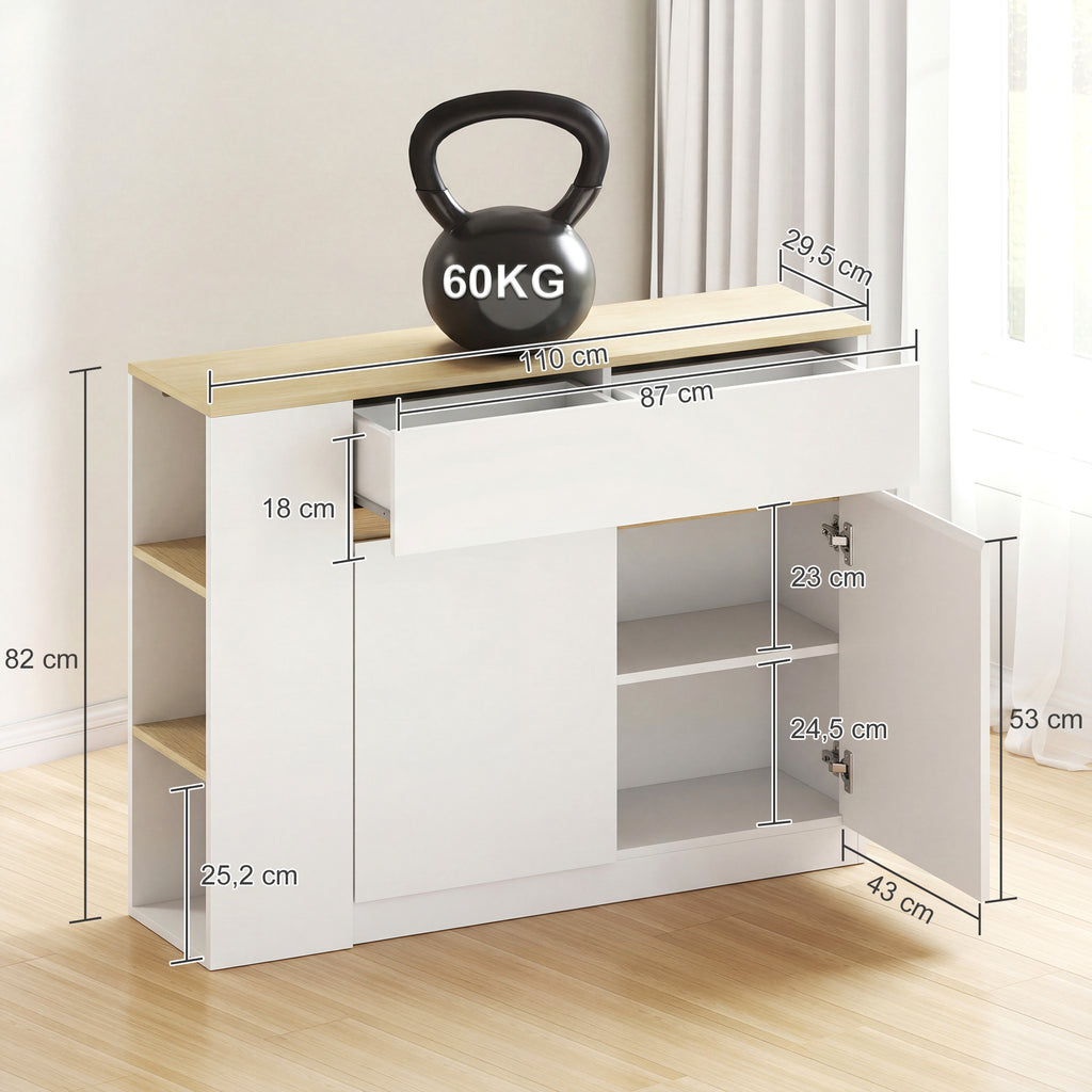 Buffet meuble de rangement avec 2 tiroirs 3 étagères ouvertes et placard 2 portes 110 x 29,5 x 82 cm blanc-2