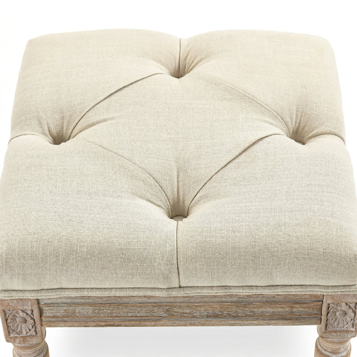 Repose pied salon, ottoman, siège rembourré en tissu aspect lin avec pieds en bois d'hévéa, 40 x 40 x 43 cm, beige-8