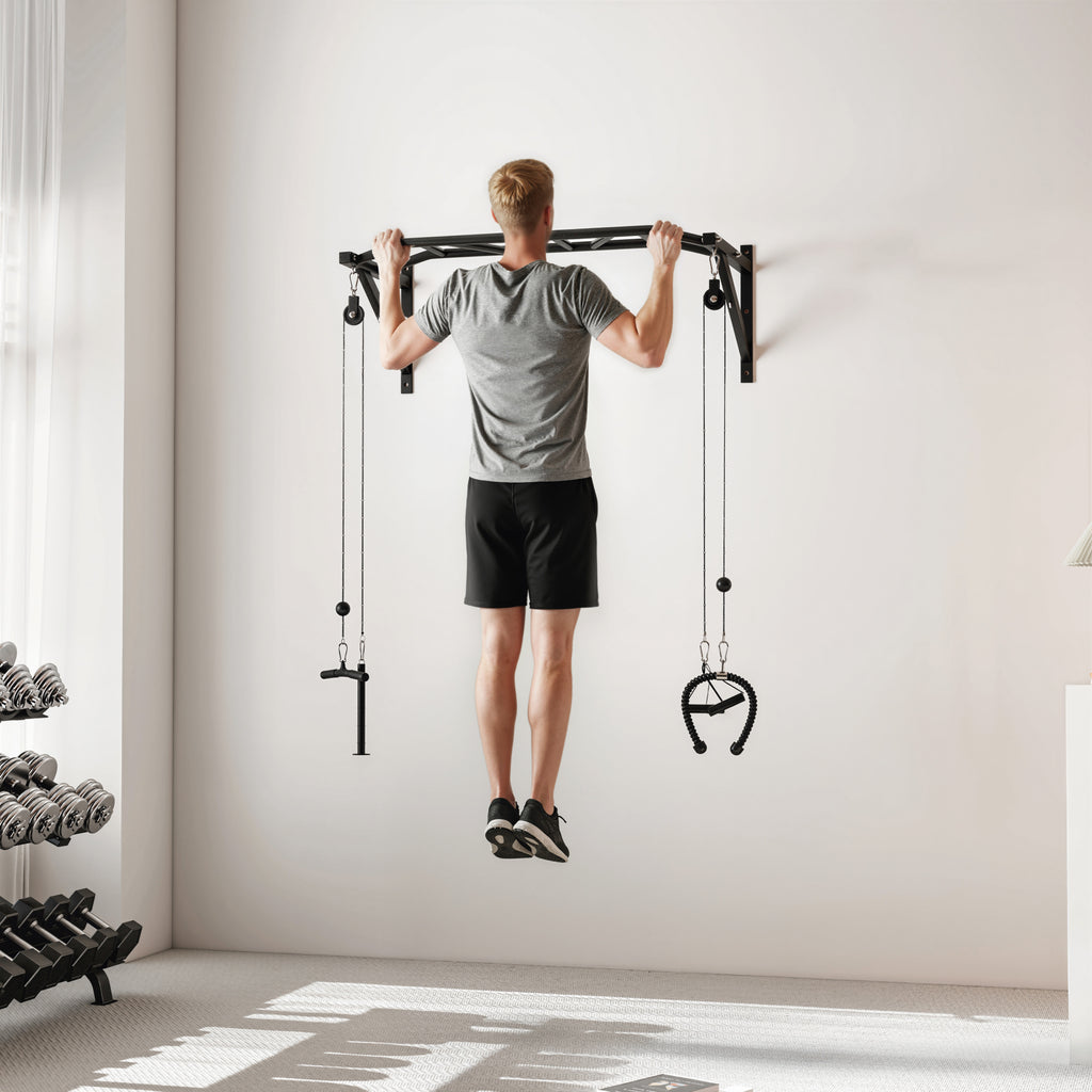 Barre de traction murale barre de fitness multi-prise système de poulie à câble charge 200kg, acier 126x60x45,5cm, noir-8