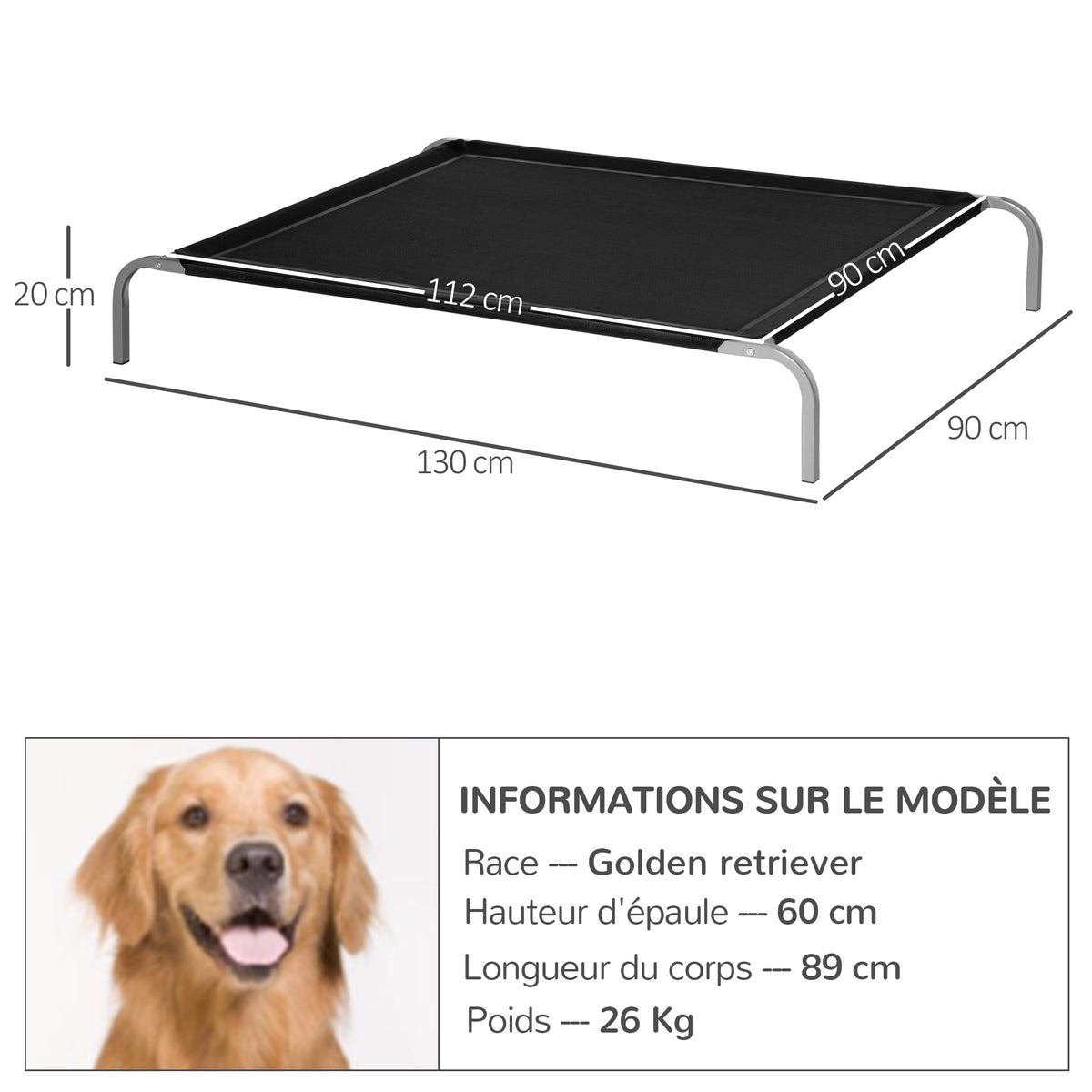 Lit pour chien chat XXL grand confort sur pieds lit de camp 130L x 90l x 20H cm textilène micro-perforé noir-2