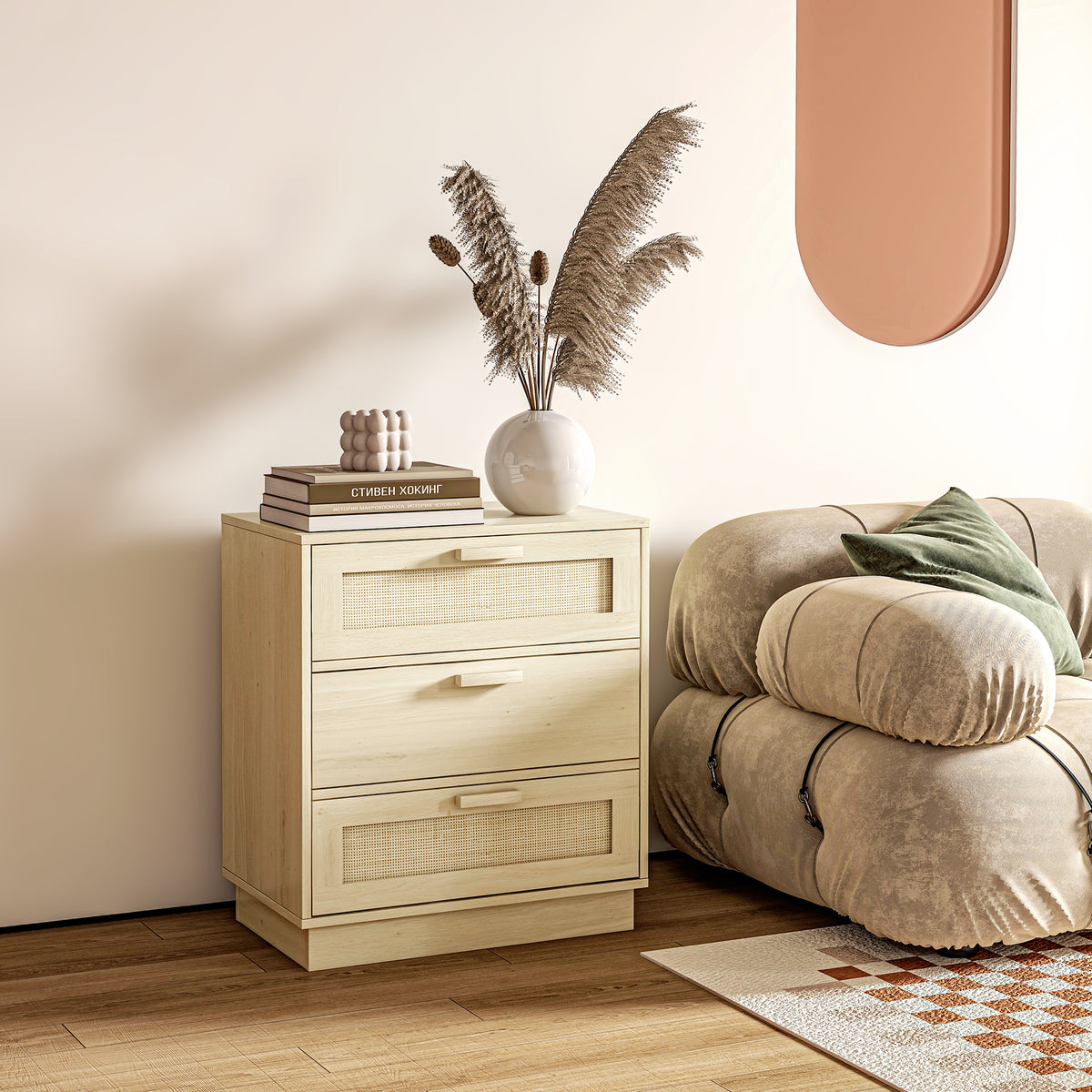 Commode design bohème en rotin avec 3 tiroirs, meuble de rangement pour le salon, le couloir, l'entrée, bois naturel-1