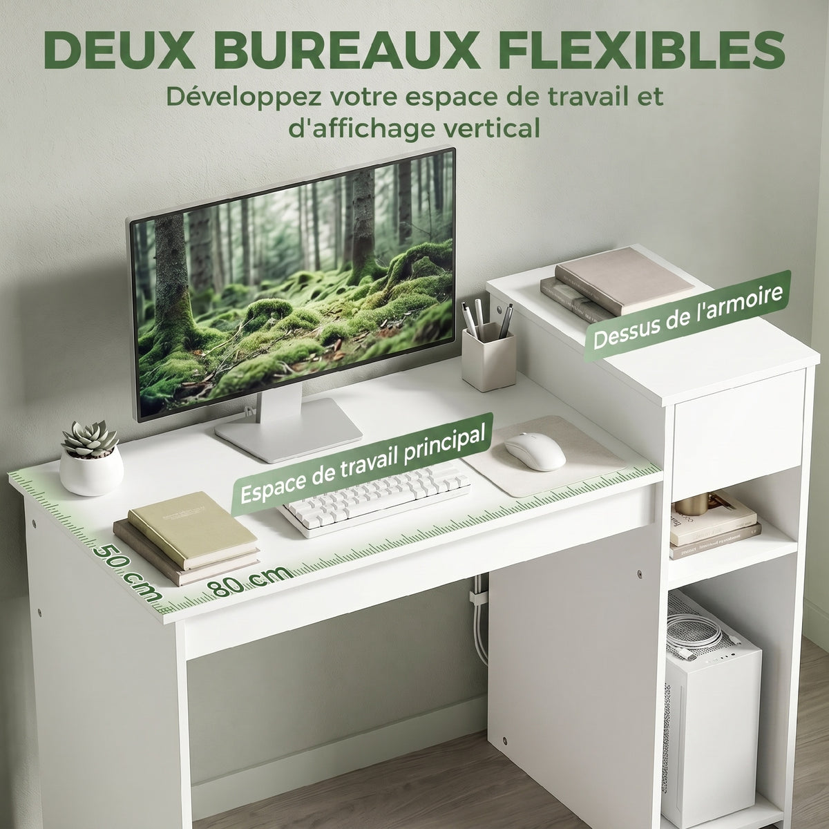 Bureau informatique avec tiroir et étagère, bureau d'ordinateur avec support d'unité centrale, 108 x 50 x 82 cm, blanc-4