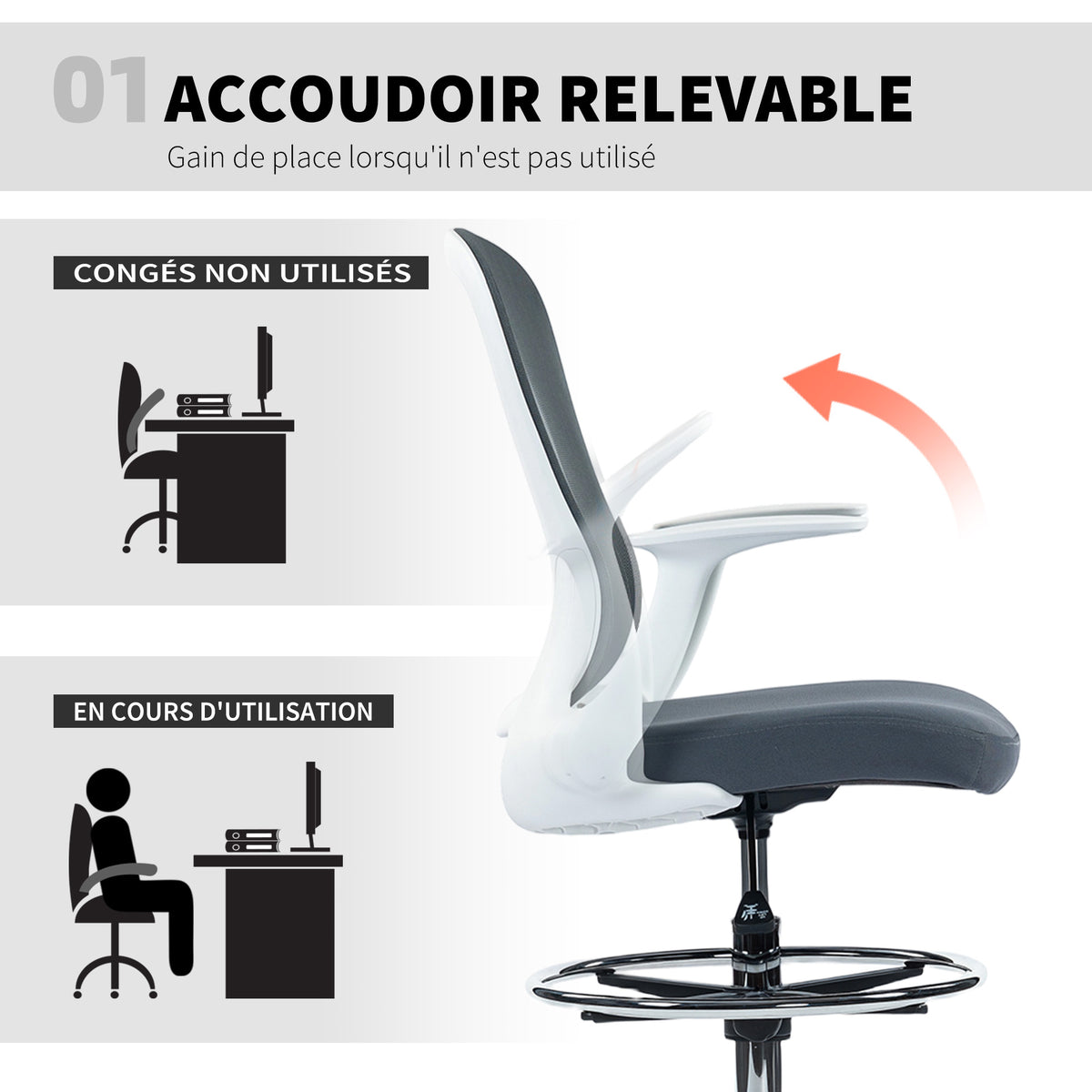 Chaise bureau ergonomique avec repose-pieds ajustable et accoudoirs relevables, hauteur réglable, 59x62x99-119cm, gris-3