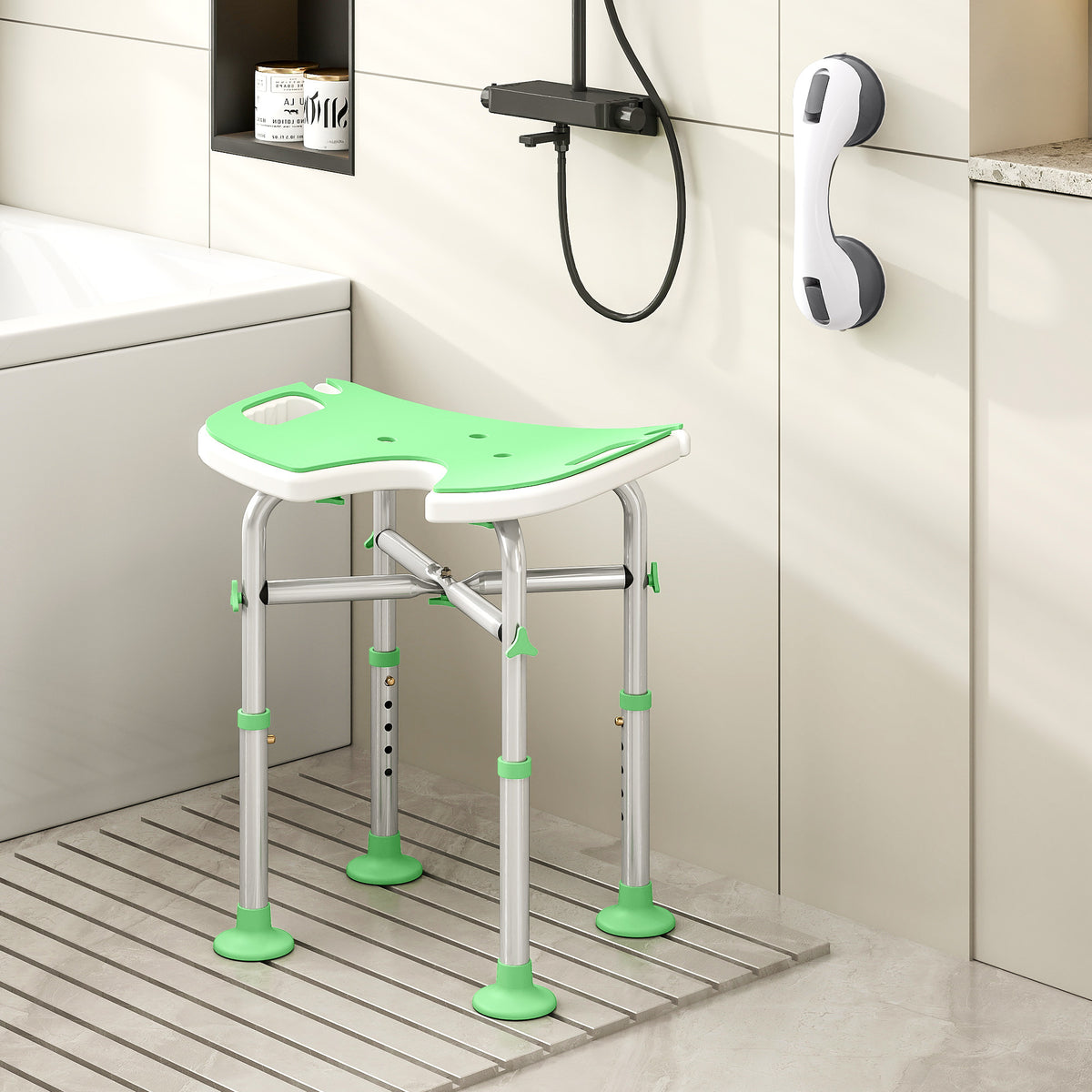 Tabouret de Douche, Hauteur Ajustable 39-51,5 cm, Barre d'Appui à Ventouse, Patins à Ventouse, Vert-9