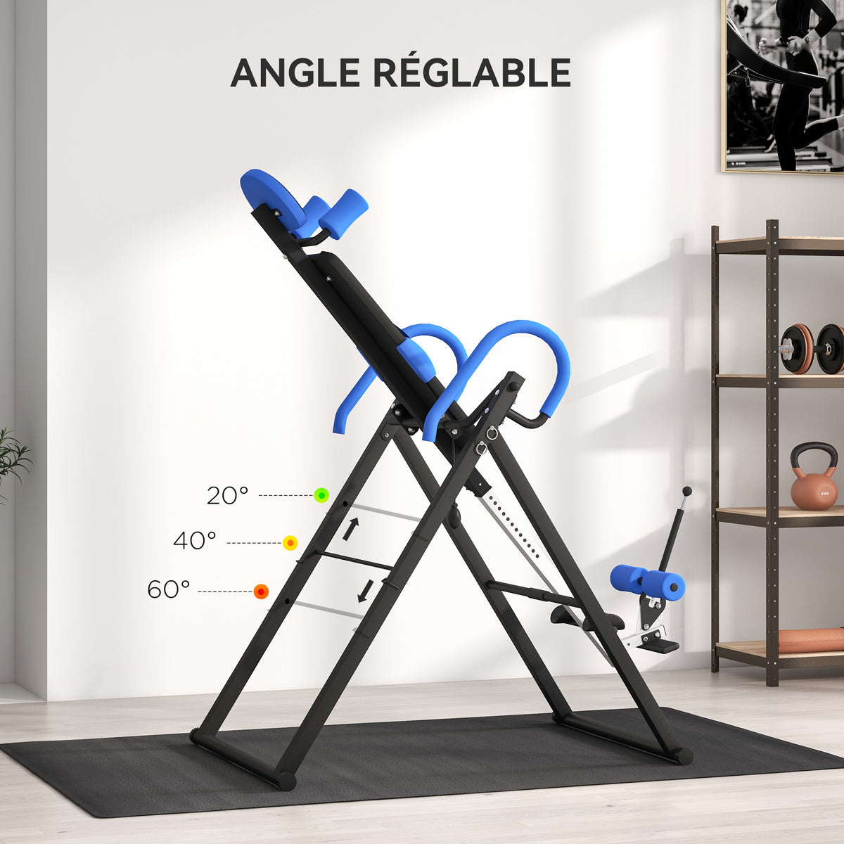 Table d'inversion de musculation pliable ceinture de sécurité réglable angle ajustable 3 niveaux 79x114x153cm bleu noir