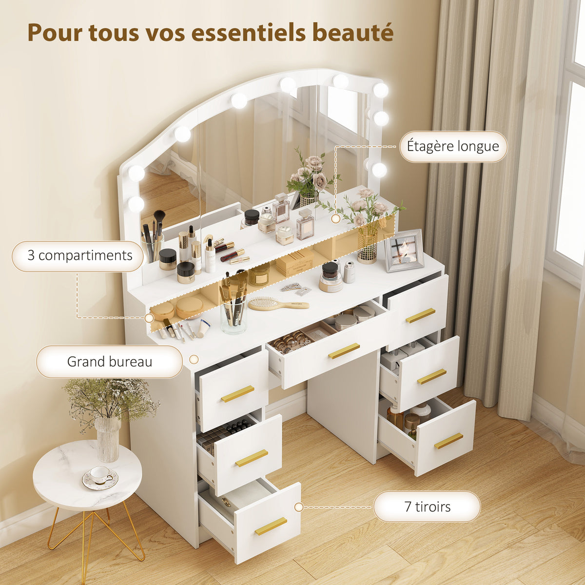 Coiffeuse avec Miroir, Lumières LED Réglable 3 Couleurs, 7 Tiroirs, 3 Compartiments Ouverts, 110 x 40 x 150 cm, Blanc-4