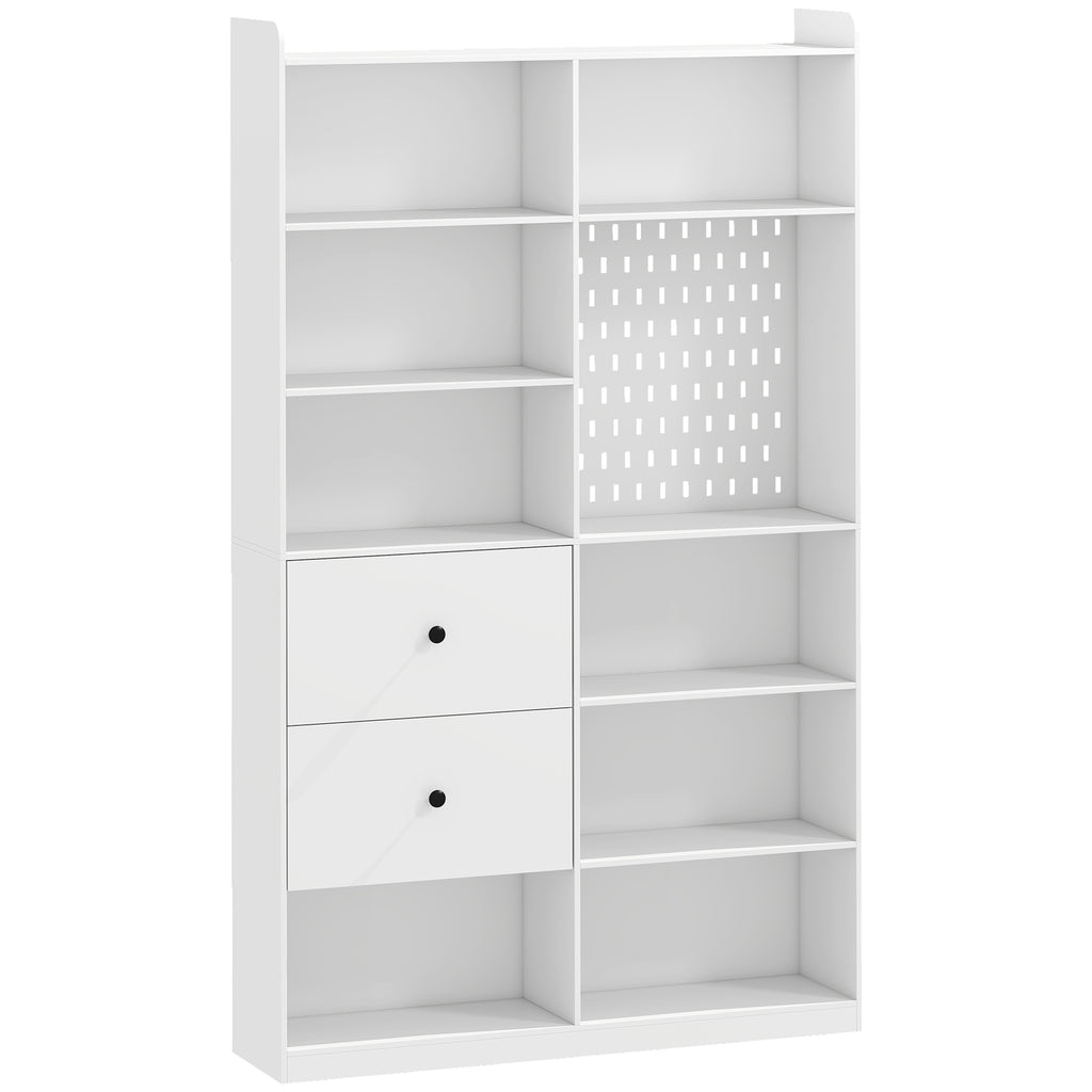 Bibliothèque, Étagère 6 Niveaux, 120 x 30 x 200 cm, Meuble de Rangement avec 2 Tiroirs et Panneau Perforé, Blanc-0