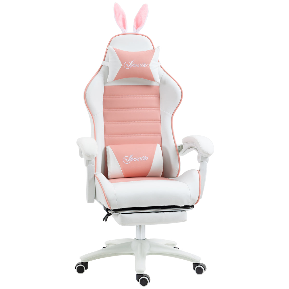 Chaise de gaming avec support lombaire, hauteur réglable, dossier inclinable, oreilles de lapin et appui-tête, rose-0