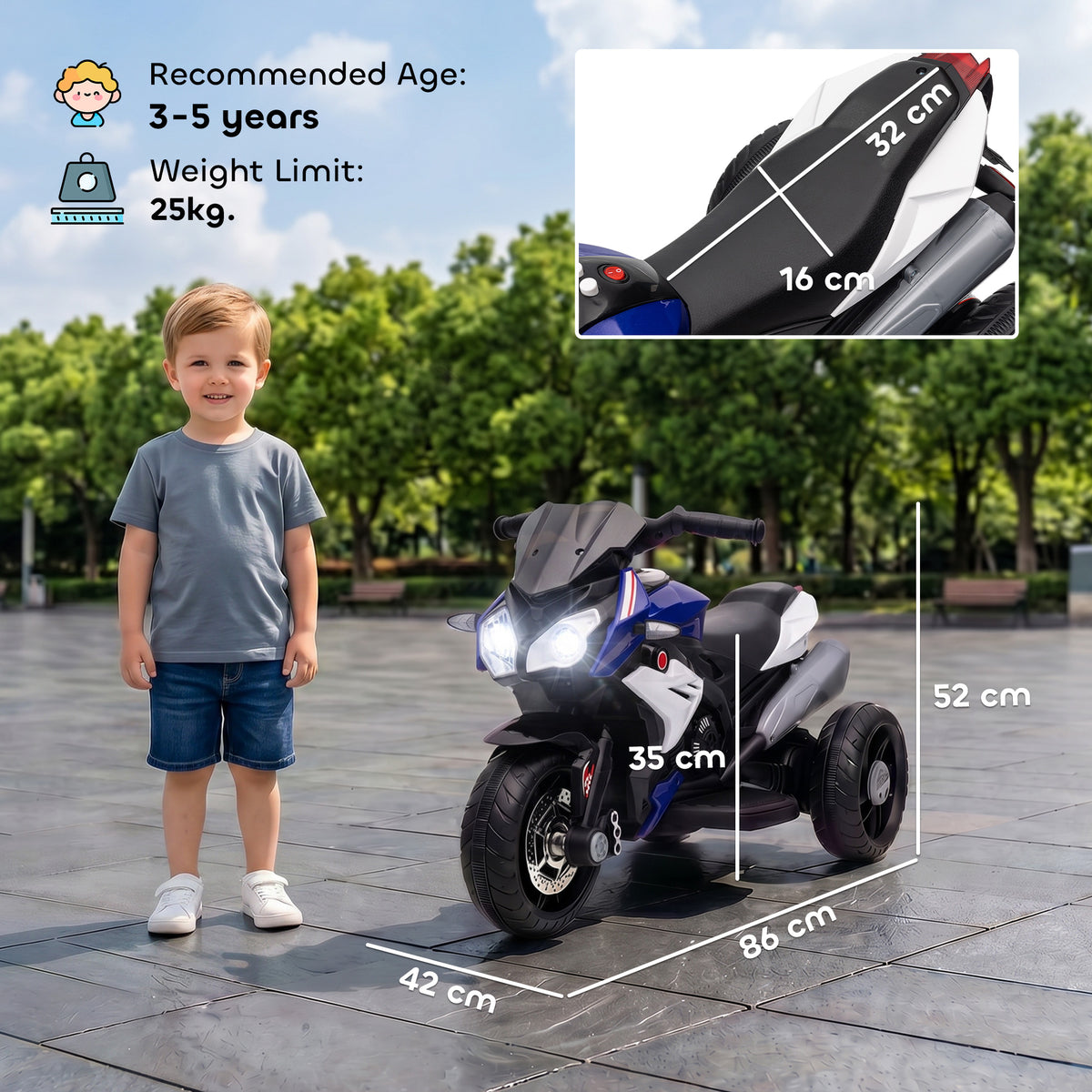 Moto électrique enfants 3 roues 6 V, voiture électrique enfants 3 à 5 ans, effets lumineux et sonores, 86x42x52cm, bleu-2