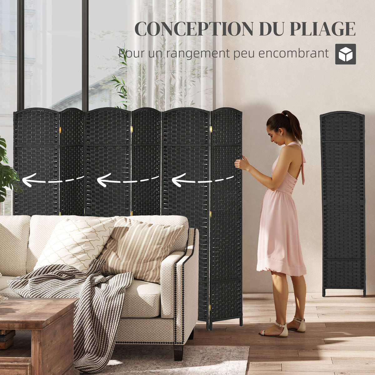 Paravent interieur en bois 6 panneaux 240 x 170 cm séparateur de pièce pliable pour salon, chambre à coucher, naturel-4