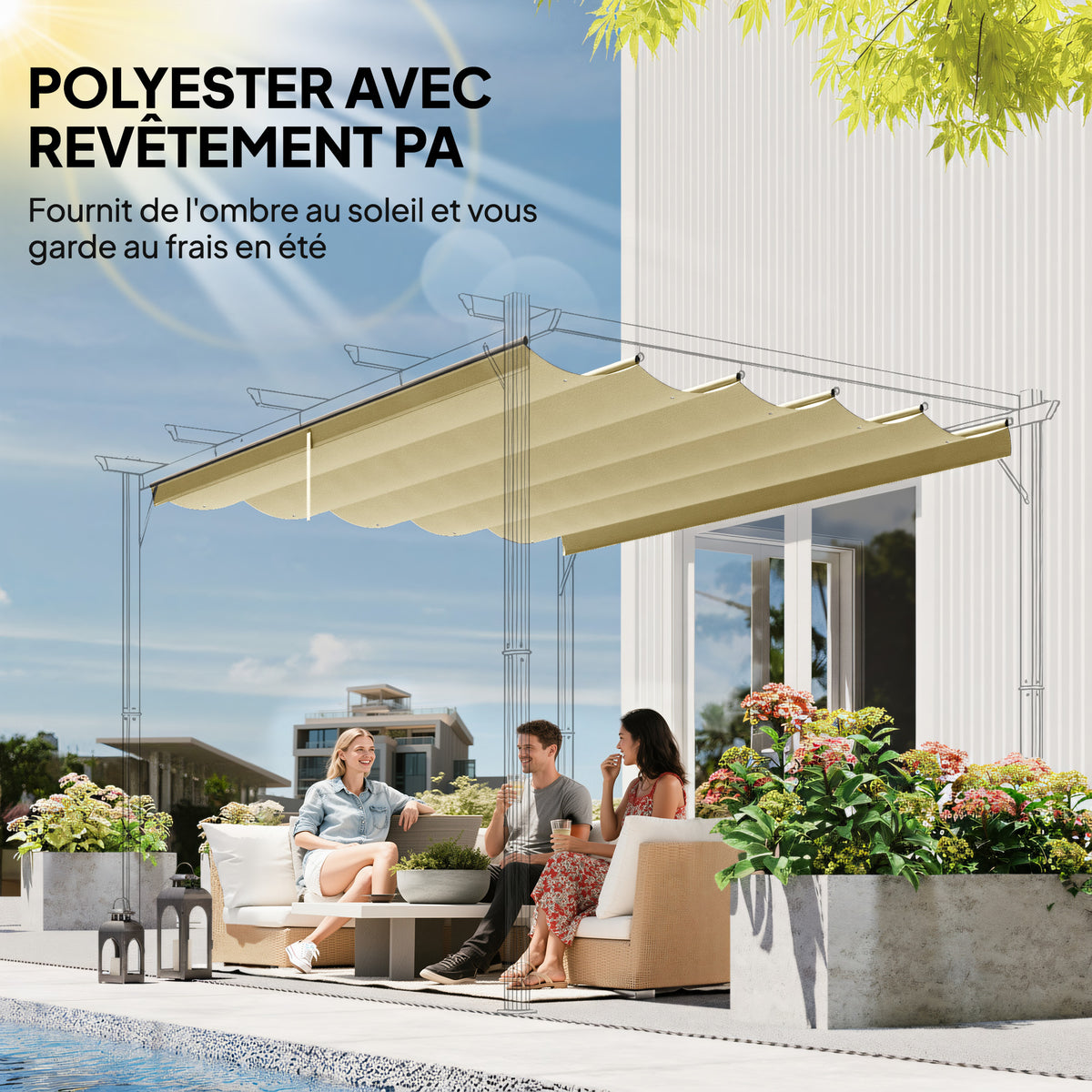Toile de toit pour pergola tonnelle rétractable de 3 x 3 m - toile uniquement 250 x 255 cm beige-4
