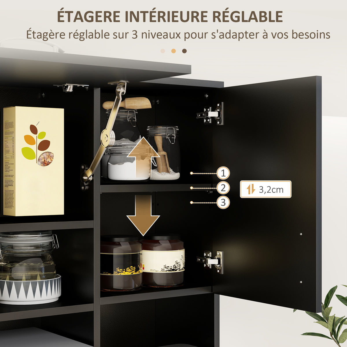 Armoire de cuisine multi-rangements 4 portes 3 tiroirs étagère + grand plateau 89L x 39,5l x 168H cm noir-4