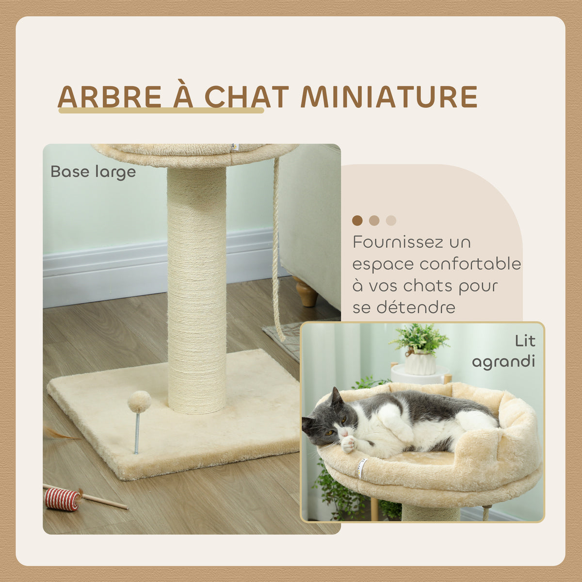 Arbre à chat grattoir design jeu boule et cordelette suspendue+ plateforme peluche - 55 x 55 x 83 cm - sisal beige-3