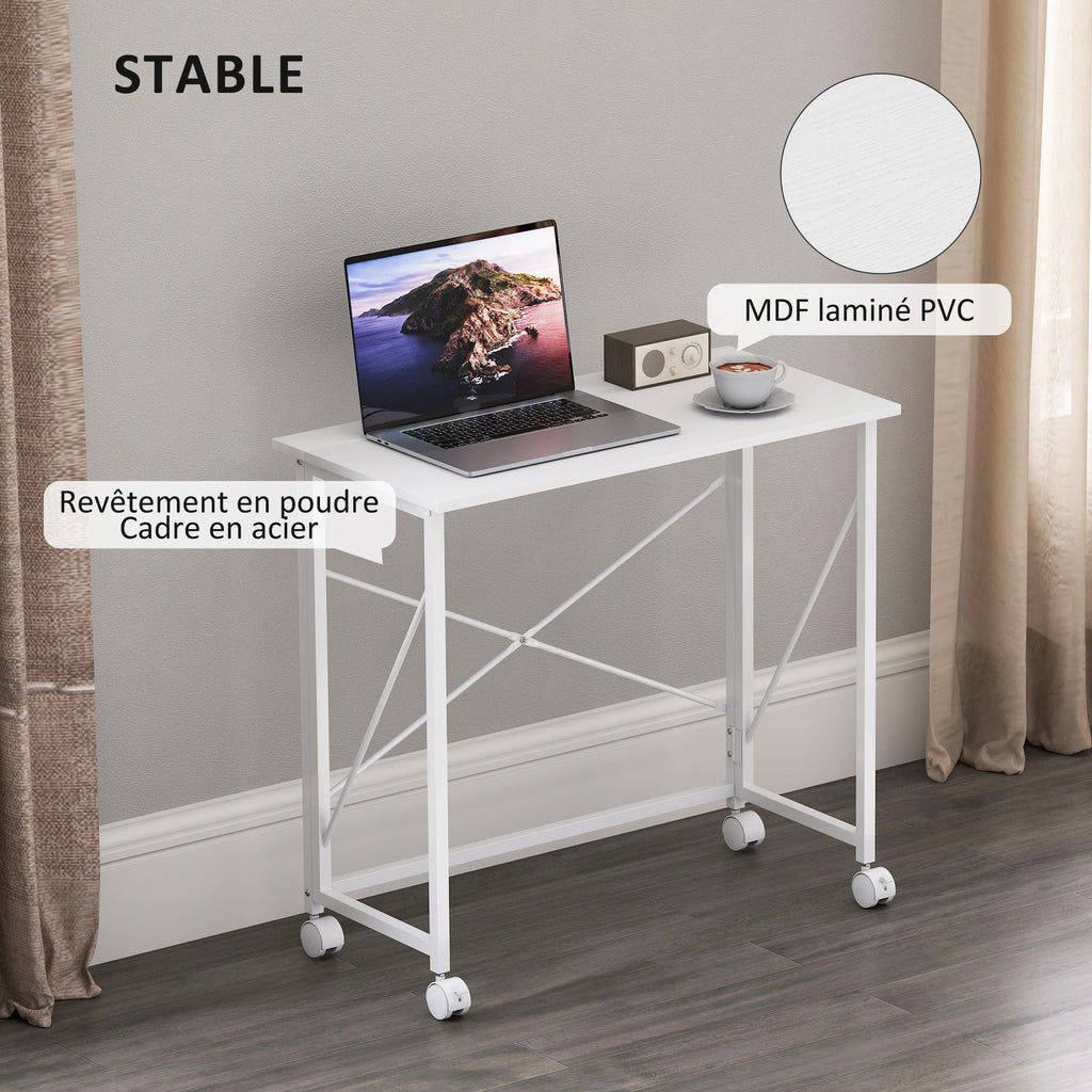 Bureau pliant table d'ordinateur 80 x 40 cm sur roulettes pour bureau à domicile, chambre, petits espaces, blanc-5
