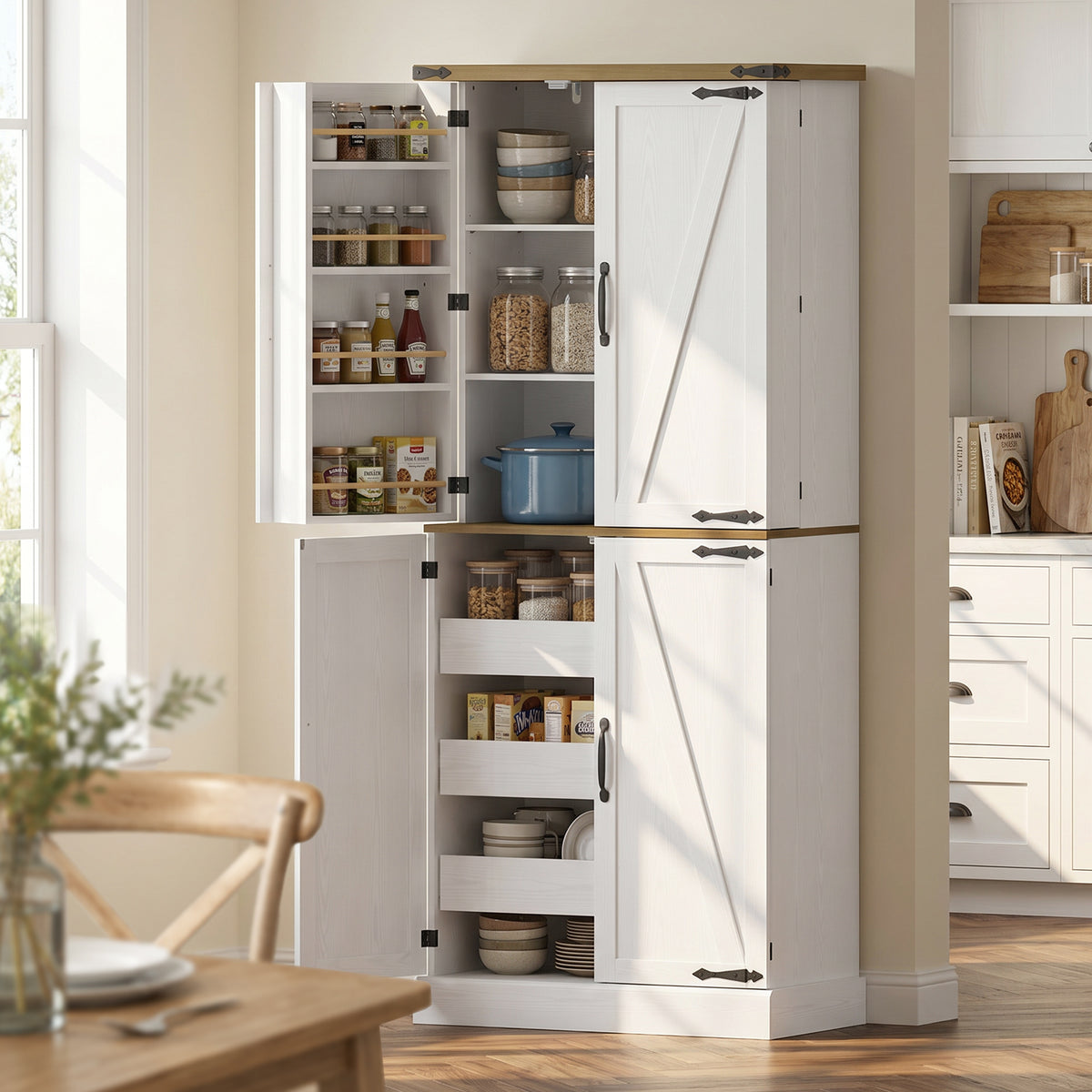 Buffet haut cuisine, armoire de cuisine, 4 portes, 3 tiroirs, 8 porte-racks et étagères réglables, 76x40x182cm, blanc-1