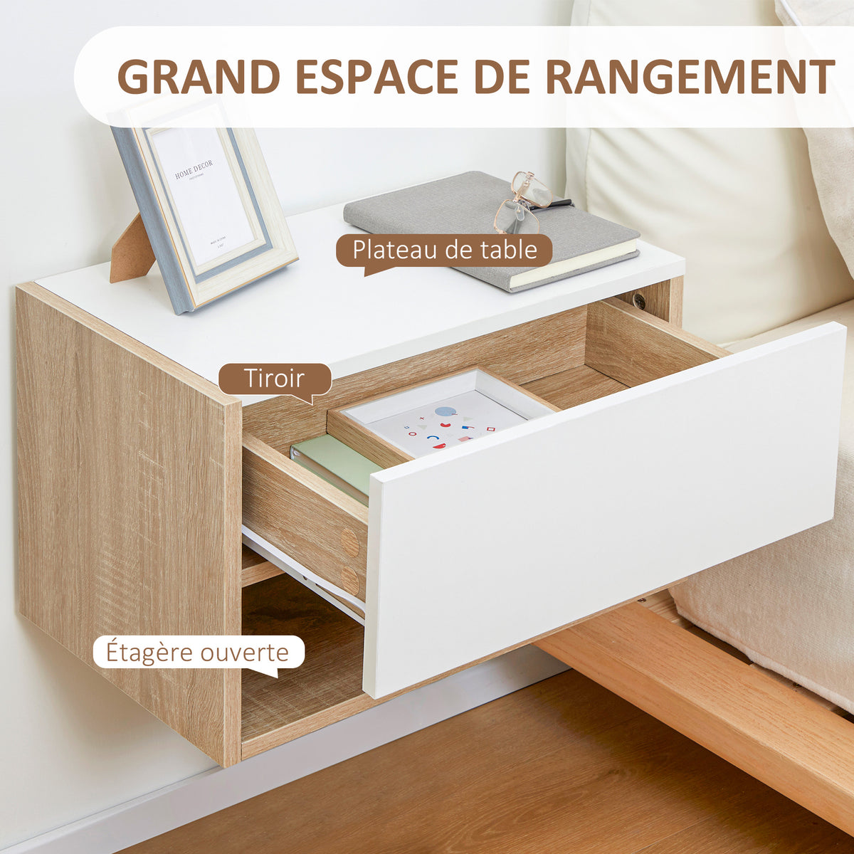 Lot de 2 Tables de Chevet murales - Lot de 2 Tables de Nuit - tiroir Coulissant, étagère, Bicolore Aspect chêne Blanc-4