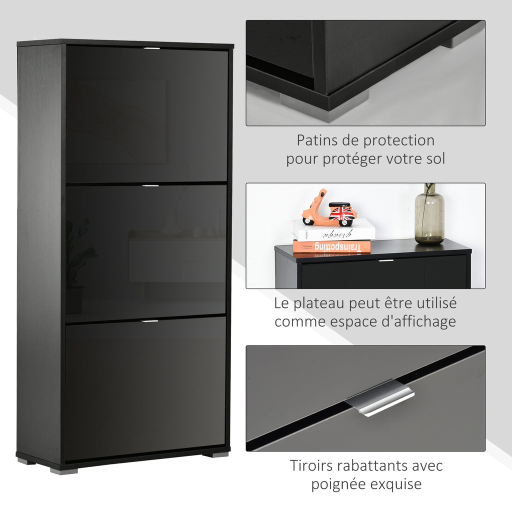 Meuble à Chaussures Armoire à chaussures 3 Portes abattantes 3 Compartiments en bois 60L x 26I x 124H cm Noir-3