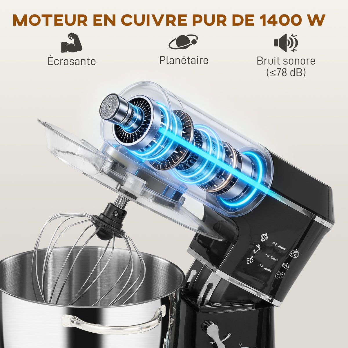 Robot Pâtissier 1400 W, Robot Pétrin Professionnel 7 L avec 6+P Vitesses, Crochet Pétrisseur, Noir-3