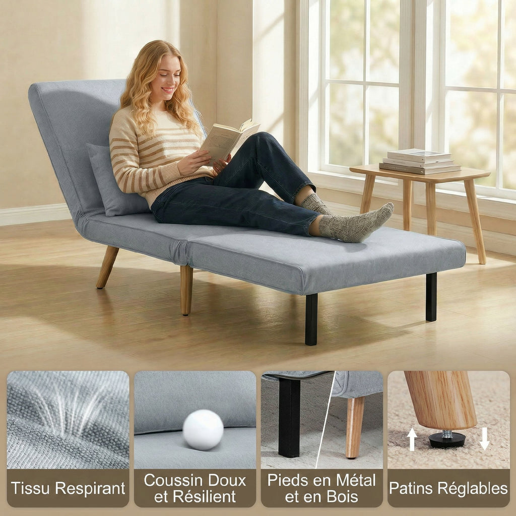 Fauteuil chauffeuse convertible 3 en 1 lit fauteuil lit 1 place dossier 5 positions en tissu avec coussin, gris-5