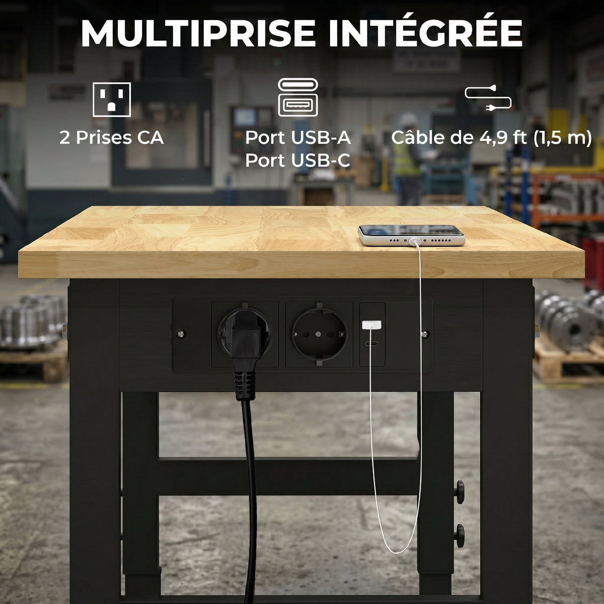 Établi d'Atelier Réglable, 121,9x50,8x79-99cm, Charge 900 kg, 2 Prises et 2 Ports USB, Panneau Perforé, Noir-4