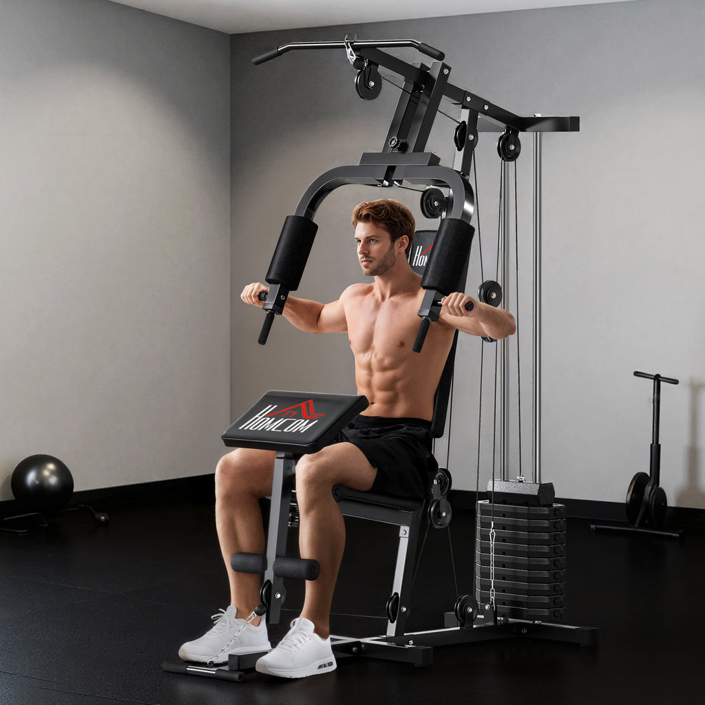 Station de Musculation Multifonction avec Stack de 65 kg, Double Poulie, Noir-1