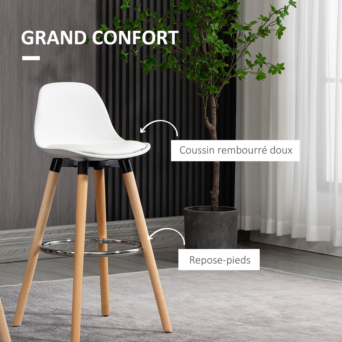 Lot de 2 tabourets de bar, chaises de bar en PU avec dossier et repose-pieds, assise rembourrée 69 cm, pieds en bois, style moderne, tabourets hauts pour cuisine, salle à manger, salon, blanc-4